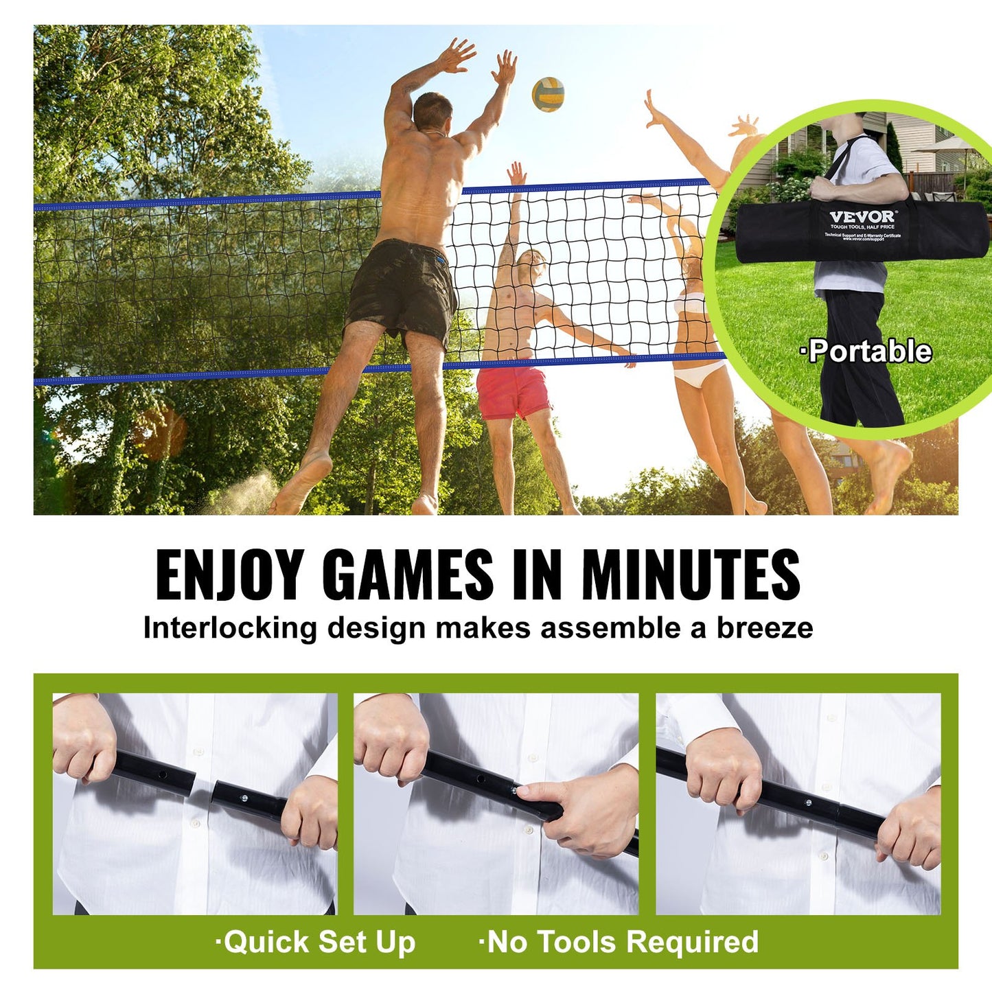 Outdoor Portable Volleyball Net System, Adjustable Height Steel Poles, Professional Volleyball Set with PVC Volleyball, Pump, Carrying Bag, Heavy Duty Volleyball Net for Backyard, Beach, Lawn - Image 5