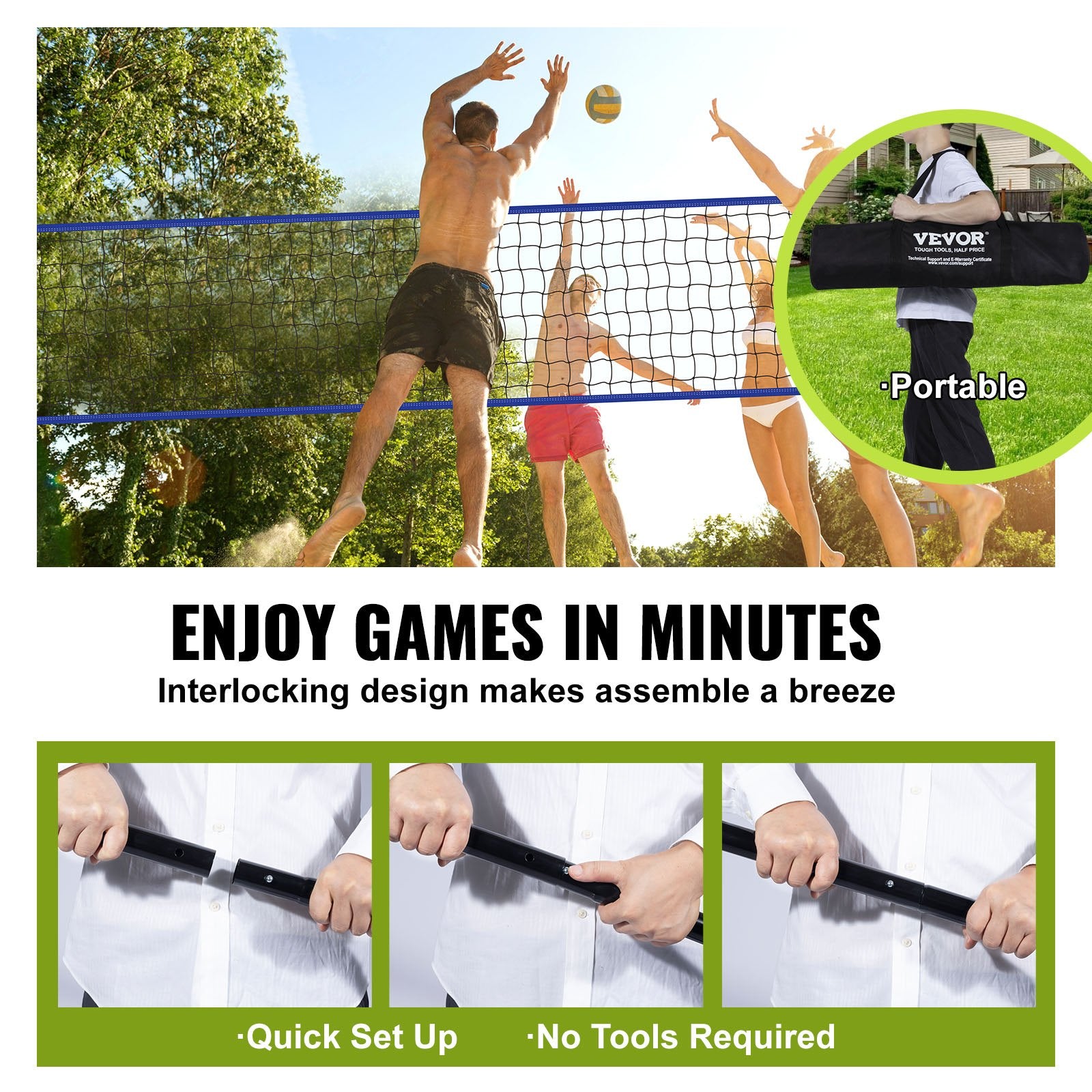 Outdoor Portable Volleyball Net System, Adjustable Height Steel Poles, Professional Volleyball Set with PVC Volleyball, Pump, Carrying Bag, Heavy Duty Volleyball Net for Backyard, Beach, Lawn - Image 5
