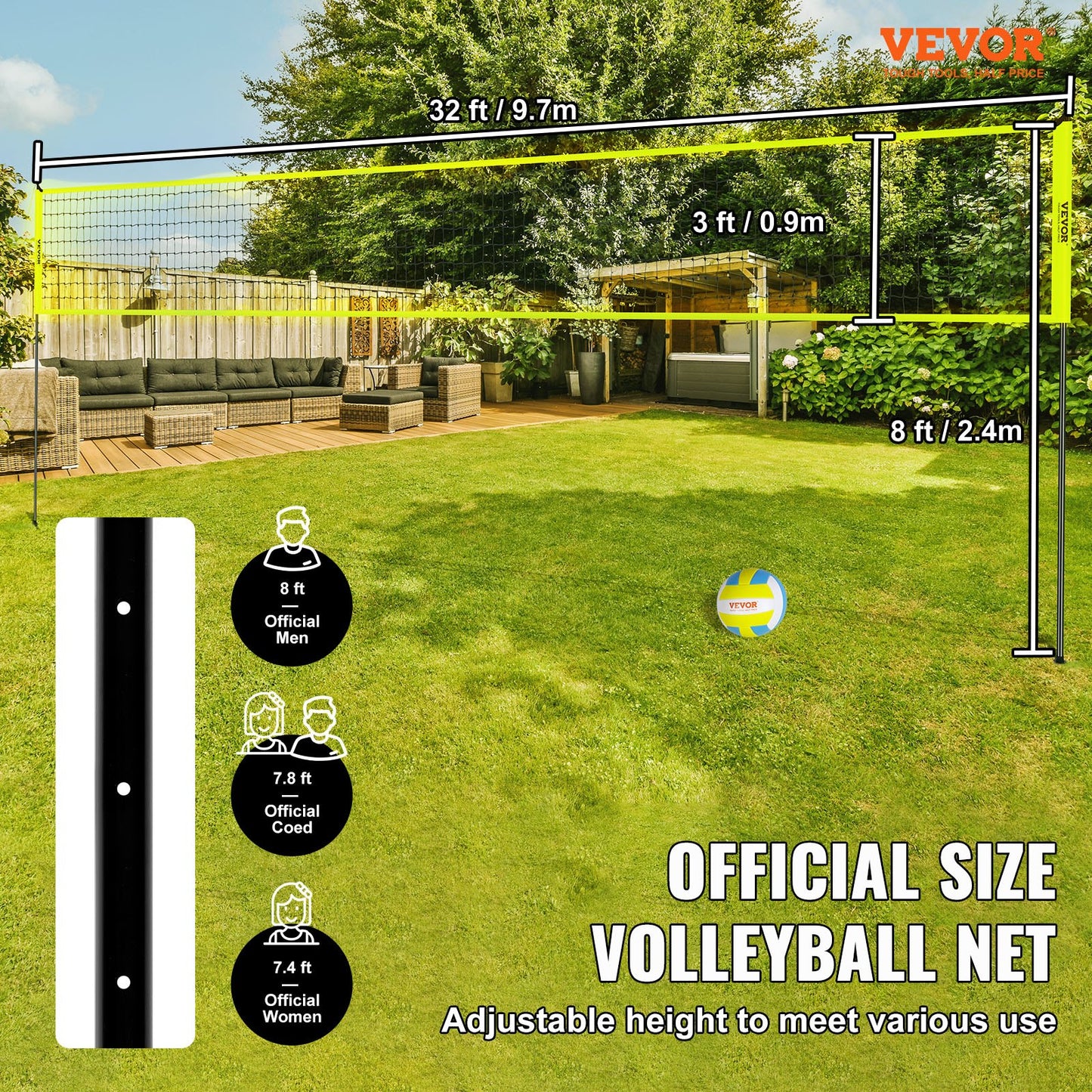 Outdoor Portable Volleyball Net System, Adjustable Height Steel Poles, Professional Volleyball Set with PVC Volleyball, Pump, Carrying Bag, Heavy Duty Volleyball Net for Backyard, Beach, Lawn - Image 2