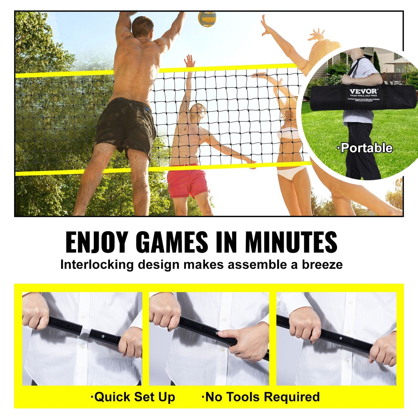 Outdoor Portable Volleyball Net System, Adjustable Height Steel Poles, Professional Volleyball Set with PVC Volleyball, Pump, Carrying Bag, Heavy Duty Volleyball Net for Backyard, Beach, Lawn - Image 5