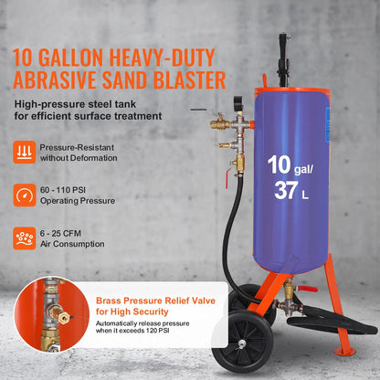 10 Gallon Heavy-Duty Sand Blaster, 60-110 PSI High Pressure Sandblaster, Portable Abrasive Blasting Tank, Air Sand Blasting Kit with 2 Ceramic Nozzles & 7.5ft Hose for Stain, Rust, Paint Removal - Image 2