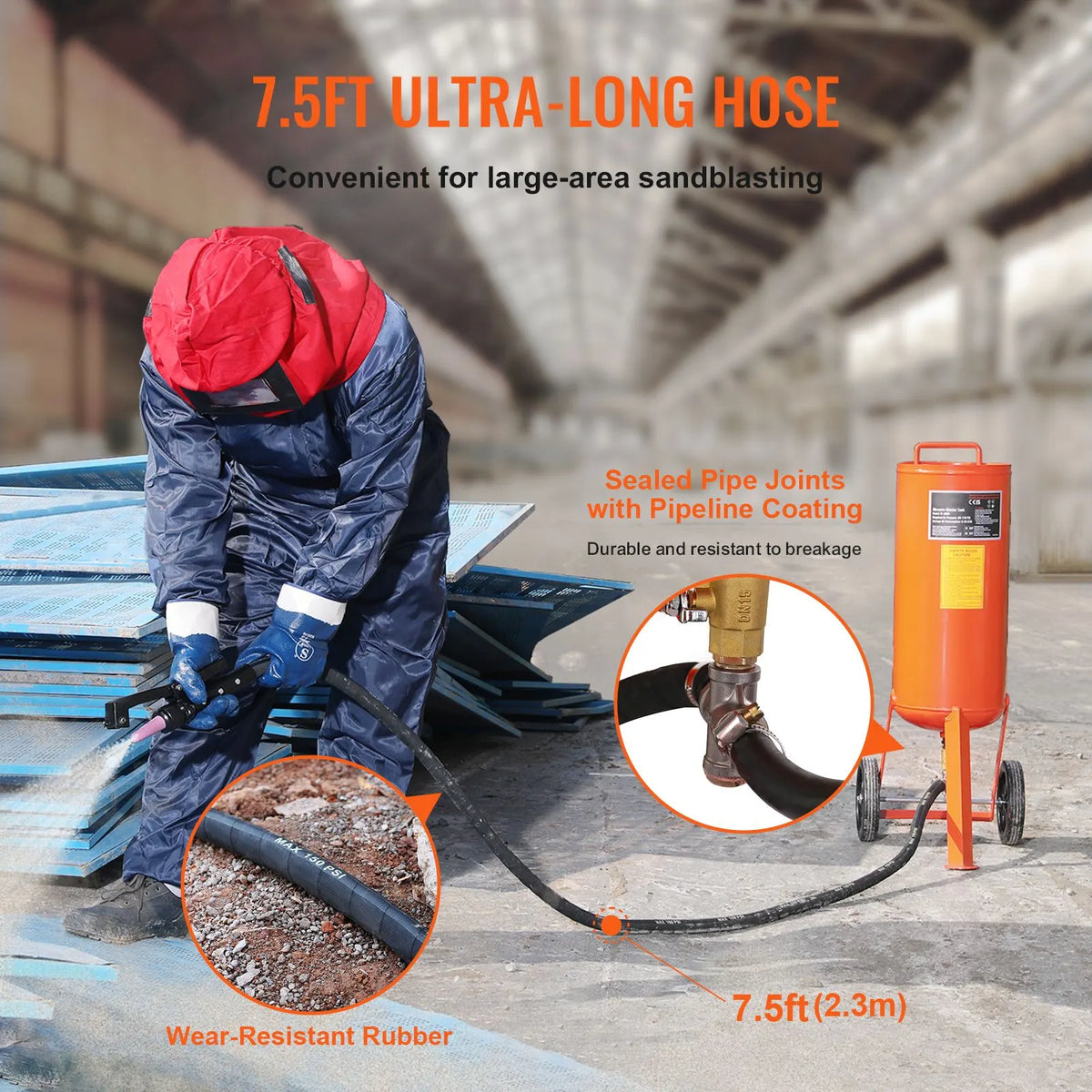 10 Gallon Heavy-Duty Sand Blaster, 60-110 PSI High Pressure Sandblaster, Portable Abrasive Blasting Tank, Air Sand Blasting Kit with 2 Ceramic Nozzles & 7.5ft Hose for Stain, Rust, Paint Removal - Image 6