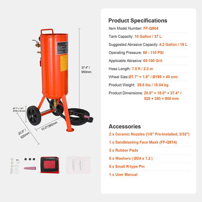 10 Gallon Heavy-Duty Sand Blaster, 60-110 PSI High Pressure Sandblaster, Portable Abrasive Blasting Tank, Air Sand Blasting Kit with 2 Ceramic Nozzles & 7.5ft Hose for Stain, Rust, Paint Removal - Image 7