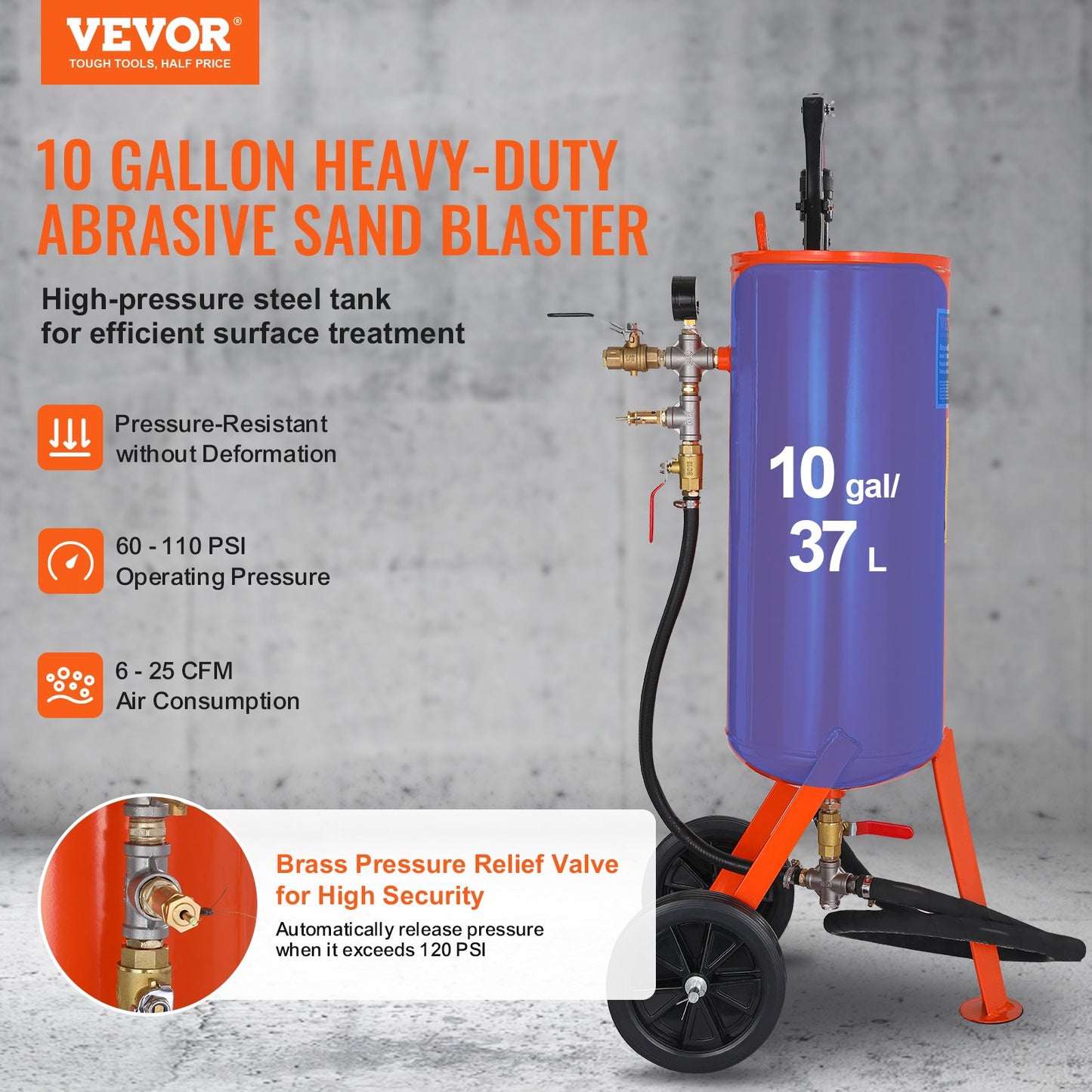 10 Gallon Heavy-Duty Sand Blaster, 60-110 PSI High Pressure Sandblaster, Portable Abrasive Blasting Tank, Air Sand Blasting Kit with 2 Ceramic Nozzles & 7.5ft Hose for Stain, Rust, Paint Removal - Image 2