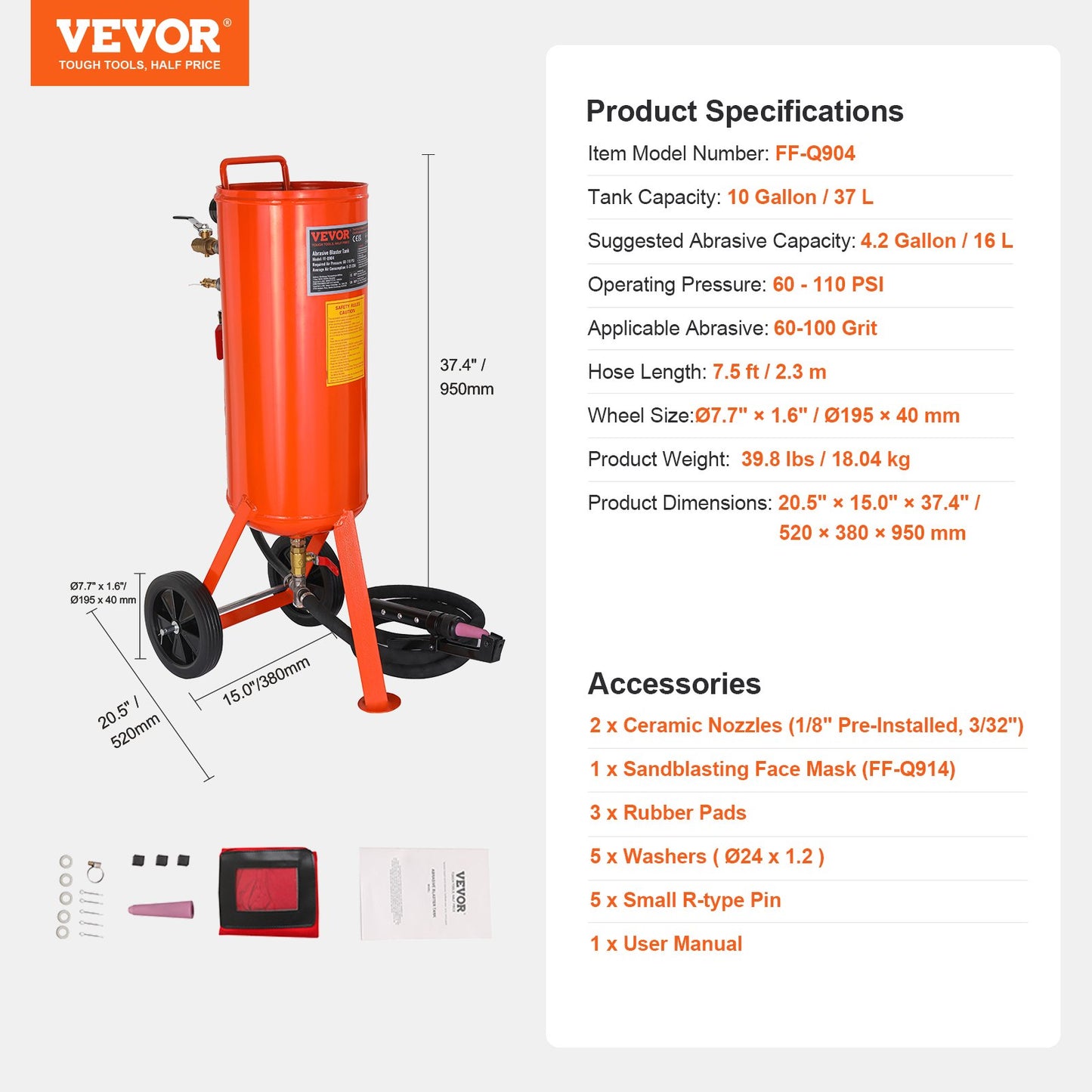 10 Gallon Heavy-Duty Sand Blaster, 60-110 PSI High Pressure Sandblaster, Portable Abrasive Blasting Tank, Air Sand Blasting Kit with 2 Ceramic Nozzles & 7.5ft Hose for Stain, Rust, Paint Removal - Image 7