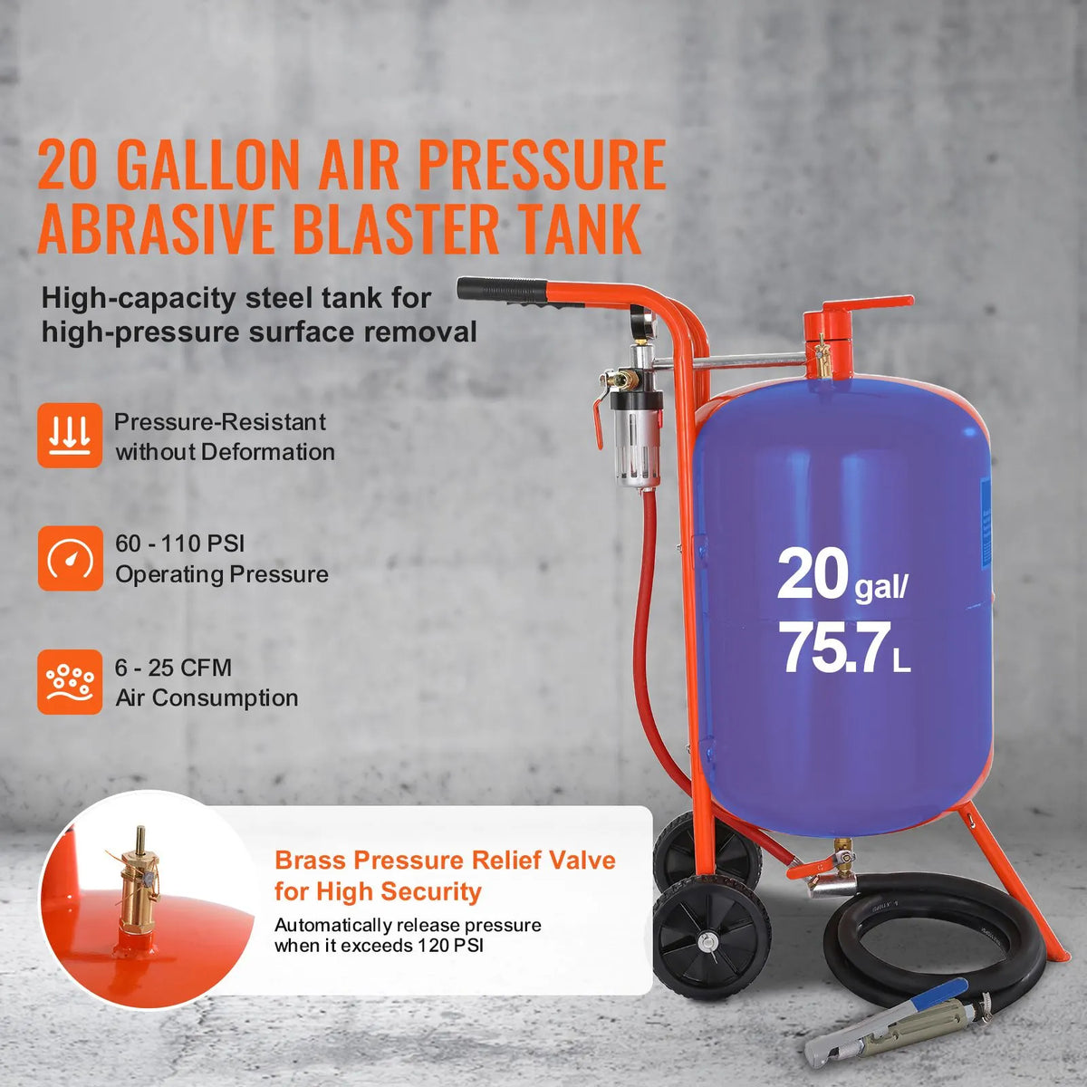 20 Gallon Sand Blaster, 60-110 PSI High Pressure Sandblaster, Portable Abrasive Blasting Tank, Air Sand Blasting Kit with 4 Ceramic Nozzles and Oil-Water Separator for Paint, Stain, Rust Removal - Image 2