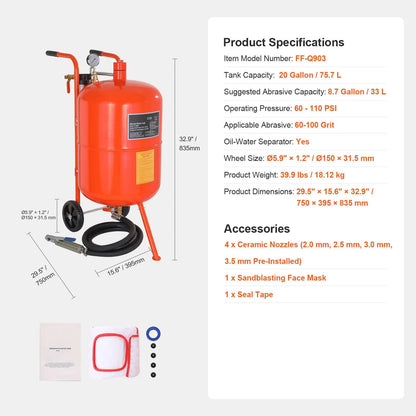 20 Gallon Sand Blaster, 60-110 PSI High Pressure Sandblaster, Portable Abrasive Blasting Tank, Air Sand Blasting Kit with 4 Ceramic Nozzles and Oil-Water Separator for Paint, Stain, Rust Removal - Image 7