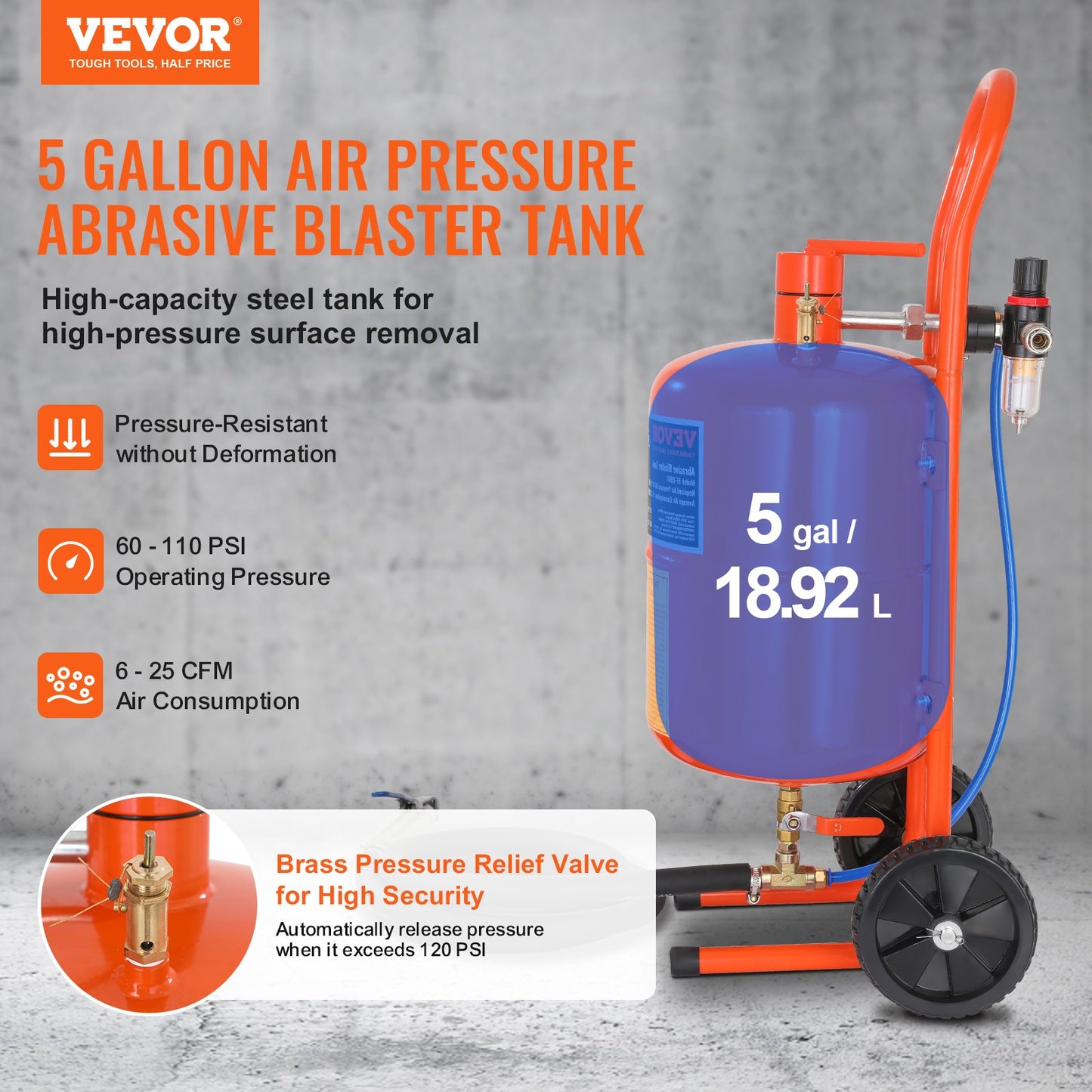 5 Gallon Sand Blaster 60-110 PSI High Pressure Sandblaster with 4 Nozzles - Image 2