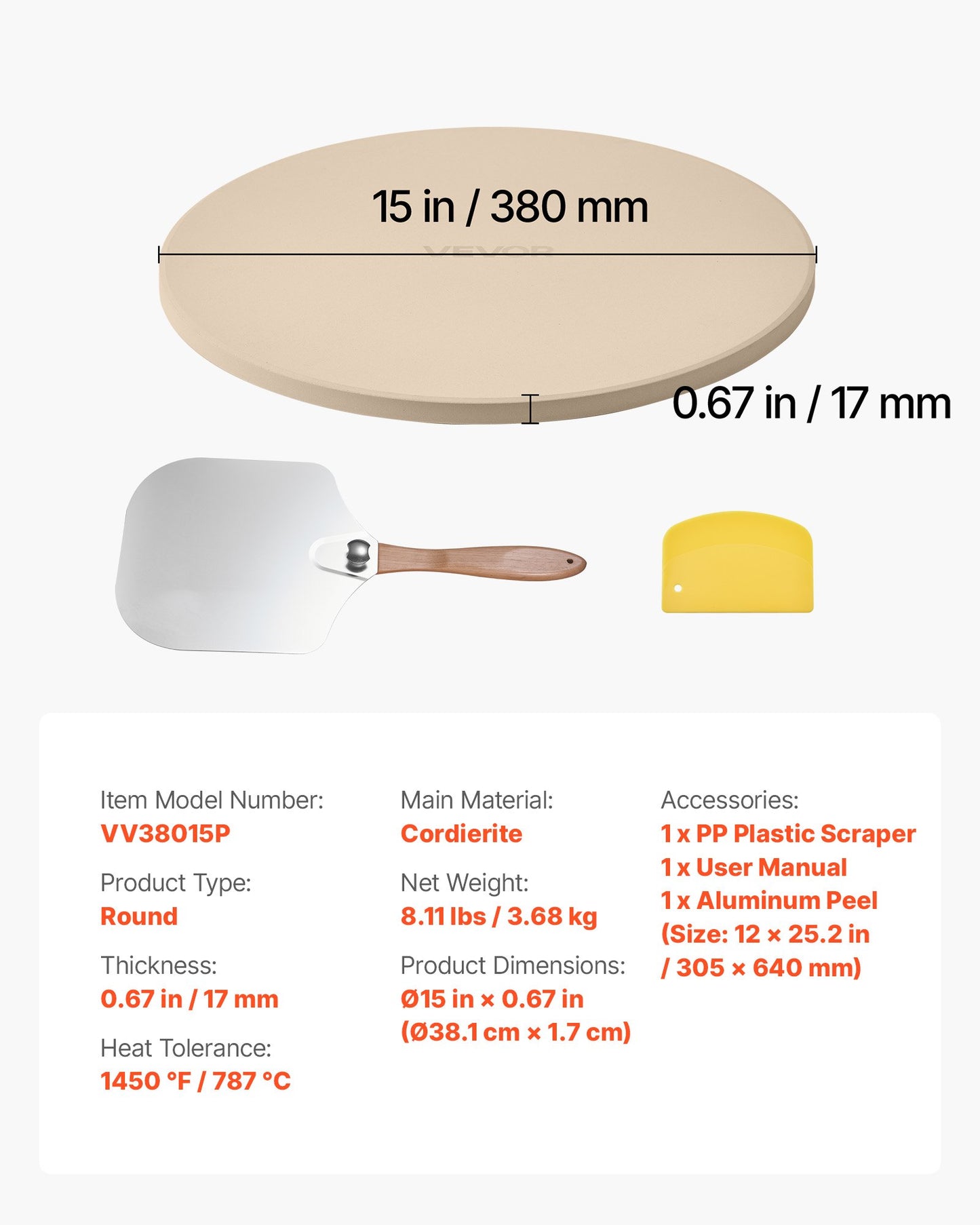 Pizza Stone, 381 mm Round Cordierite Pizza Stone, Extra Large Baking-Stone with Aluminum Peel, 17 mm Thickness Heat-Resistant Cooking Cordierite, for Kitchen Oven, Baking Pizzas, BBQ Grilling - Image 7