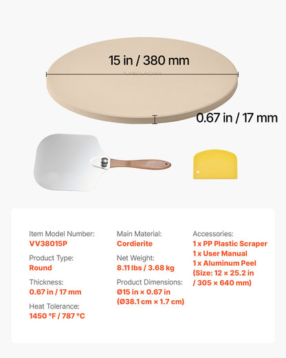 Pizza Stone, 381 mm Round Cordierite Pizza Stone, Extra Large Baking-Stone with Aluminum Peel, 17 mm Thickness Heat-Resistant Cooking Cordierite, for Kitchen Oven, Baking Pizzas, BBQ Grilling - Image 7
