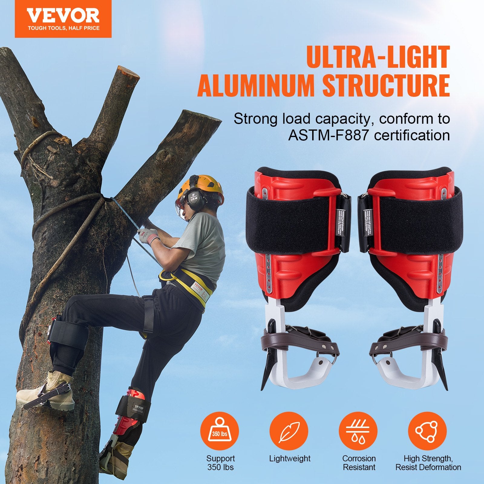 Tree Climbing Spikes, 1 Pair Aluminum Climbing Spurs, 350lbs Load Capacity Tree Climbing Gear with Straps and Spike Protectors, Arborist Equipment for Climbers, Hunting, Fruit Picking, Red - Image 2