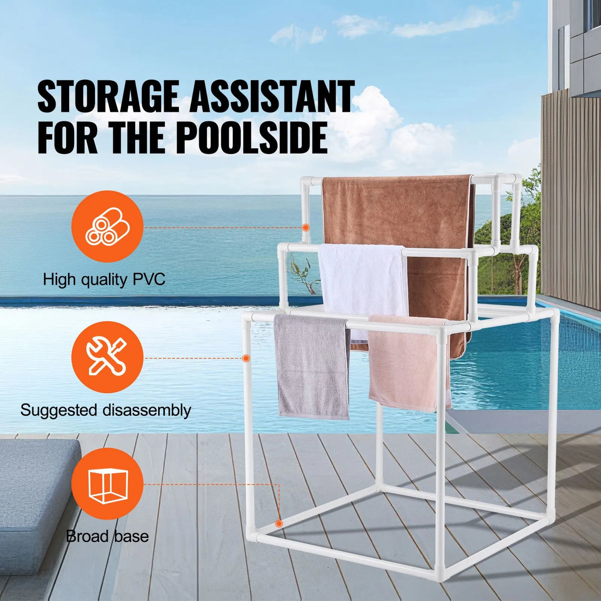 Towel Rack 8-Bar Outdoor PVC Towel Holder for Poolside Spa Bathroom White - Image 2