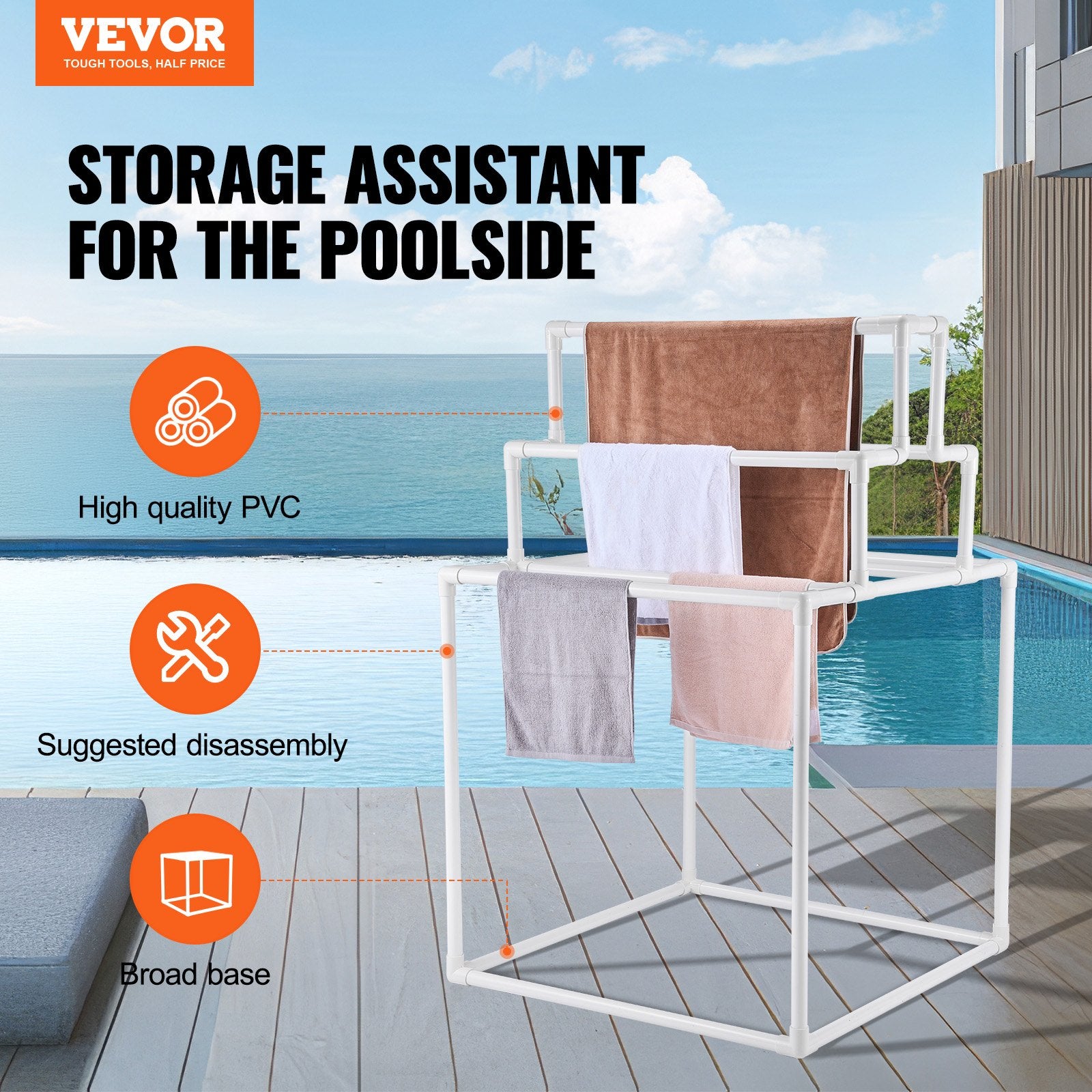 Towel Rack 8-Bar Outdoor PVC Towel Holder for Poolside Spa Bathroom White - Image 2