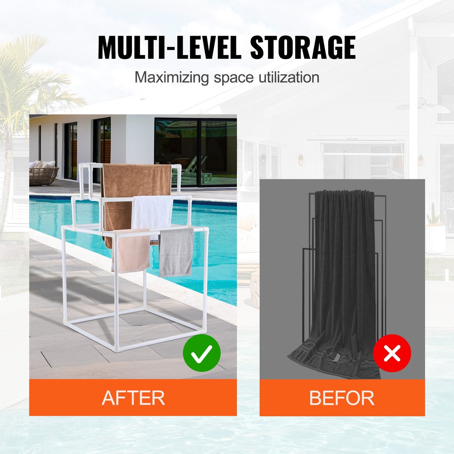Towel Rack 8-Bar Outdoor PVC Towel Holder for Poolside Spa Bathroom White - Image 3