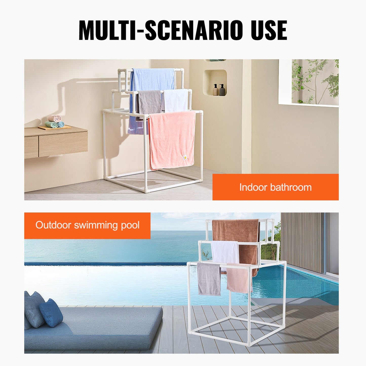 Towel Rack 8-Bar Outdoor PVC Towel Holder for Poolside Spa Bathroom White - Image 6