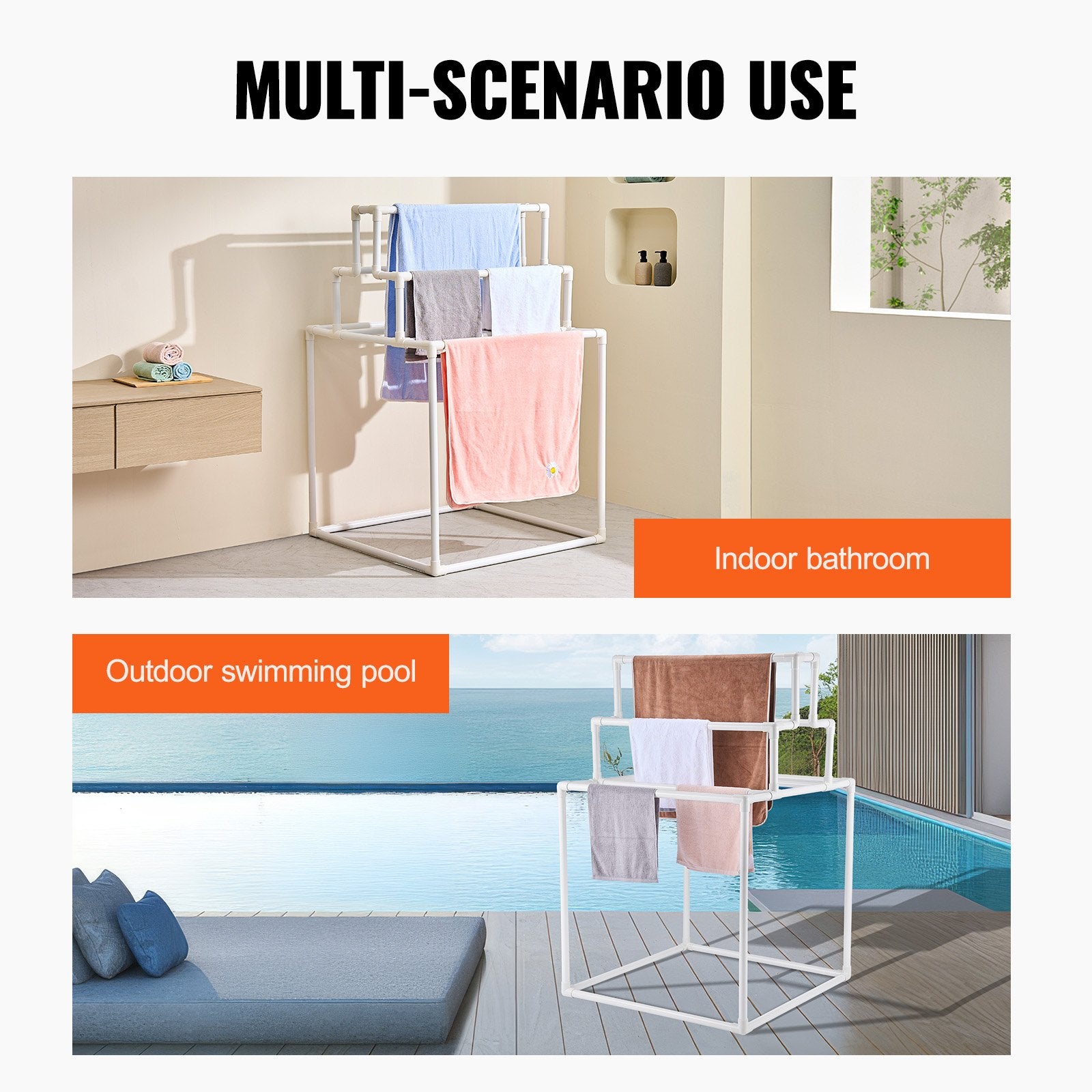 Towel Rack 8-Bar Outdoor PVC Towel Holder for Poolside Spa Bathroom White - Image 6