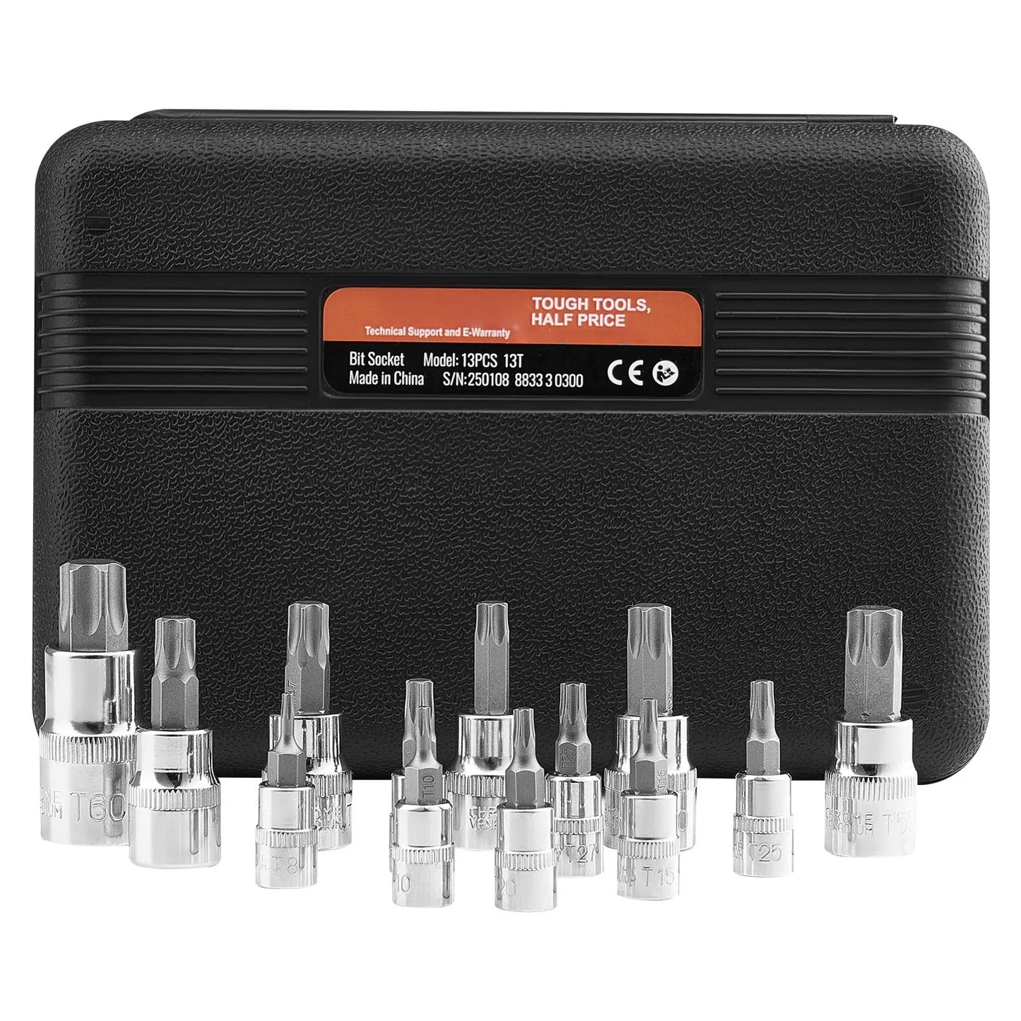 Torx Bit Socket Set, 13-Piece Star T8 - T60 Set, S2 Alloy Steel and Cr-V Steel, 1/4 in, 3/8 in, and 1/2 in Drives, with Enhanced Storage Case, Torx Sockets for Hand Use, Mechanics, Auto Repair