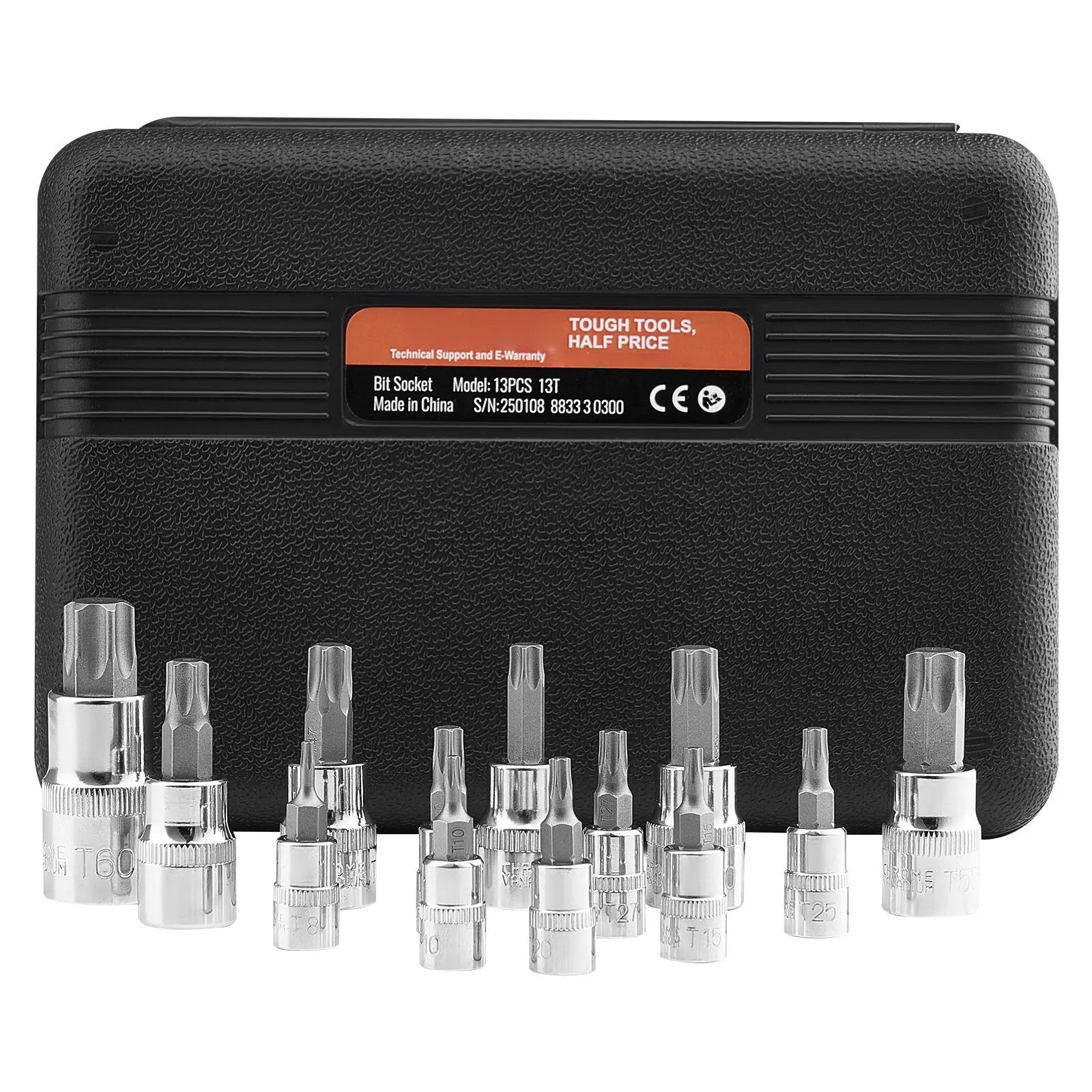 Torx Bit Socket Set, 13-Piece Star T8 - T60 Set, S2 Alloy Steel and Cr-V Steel, 1/4 in, 3/8 in, and 1/2 in Drives, with Enhanced Storage Case, Torx Sockets for Hand Use, Mechanics, Auto Repair