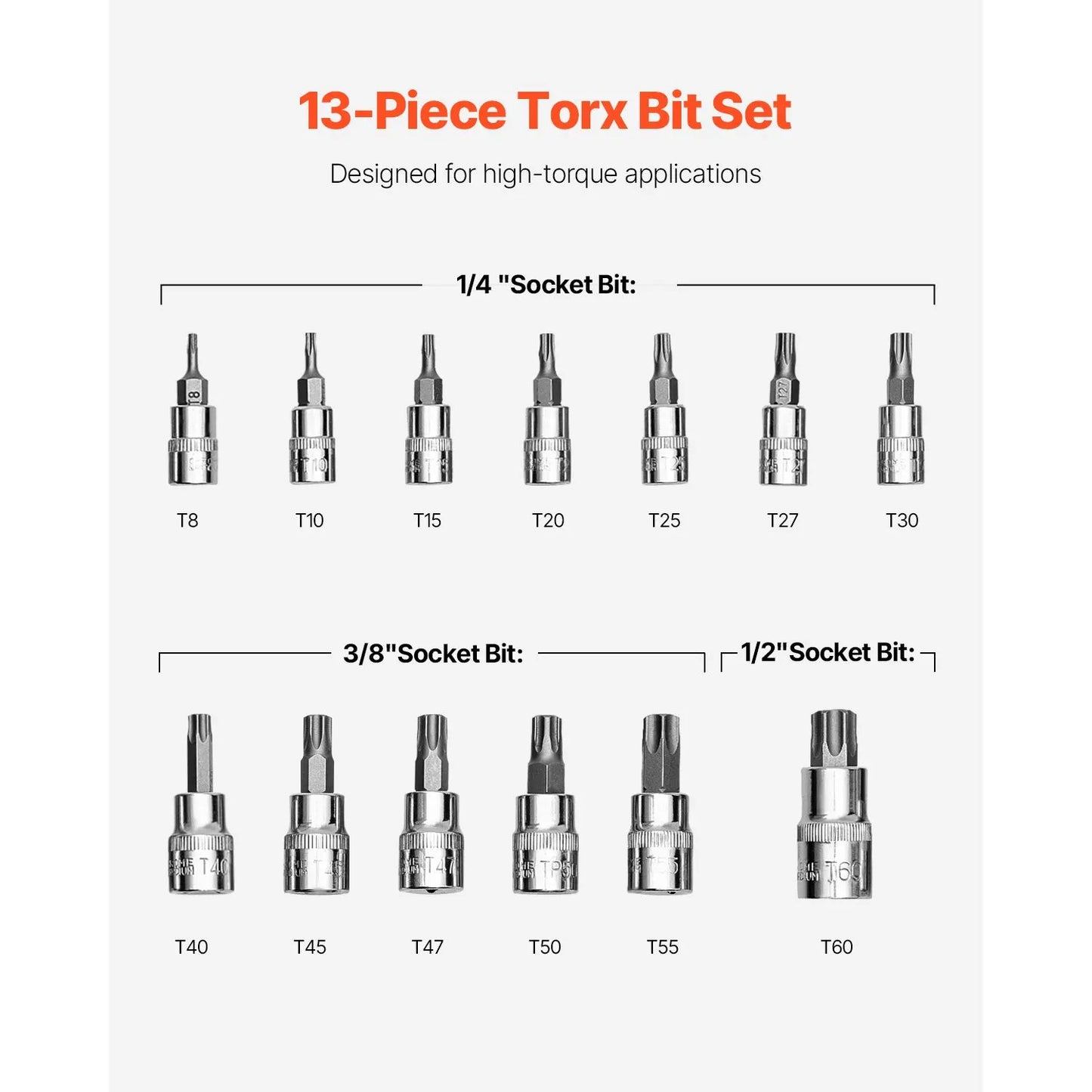 Torx Bit Socket Set, 13-Piece Star T8 - T60 Set, S2 Alloy Steel and Cr-V Steel, 1/4 in, 3/8 in, and 1/2 in Drives, with Enhanced Storage Case, Torx Sockets for Hand Use, Mechanics, Auto Repair - Image 3