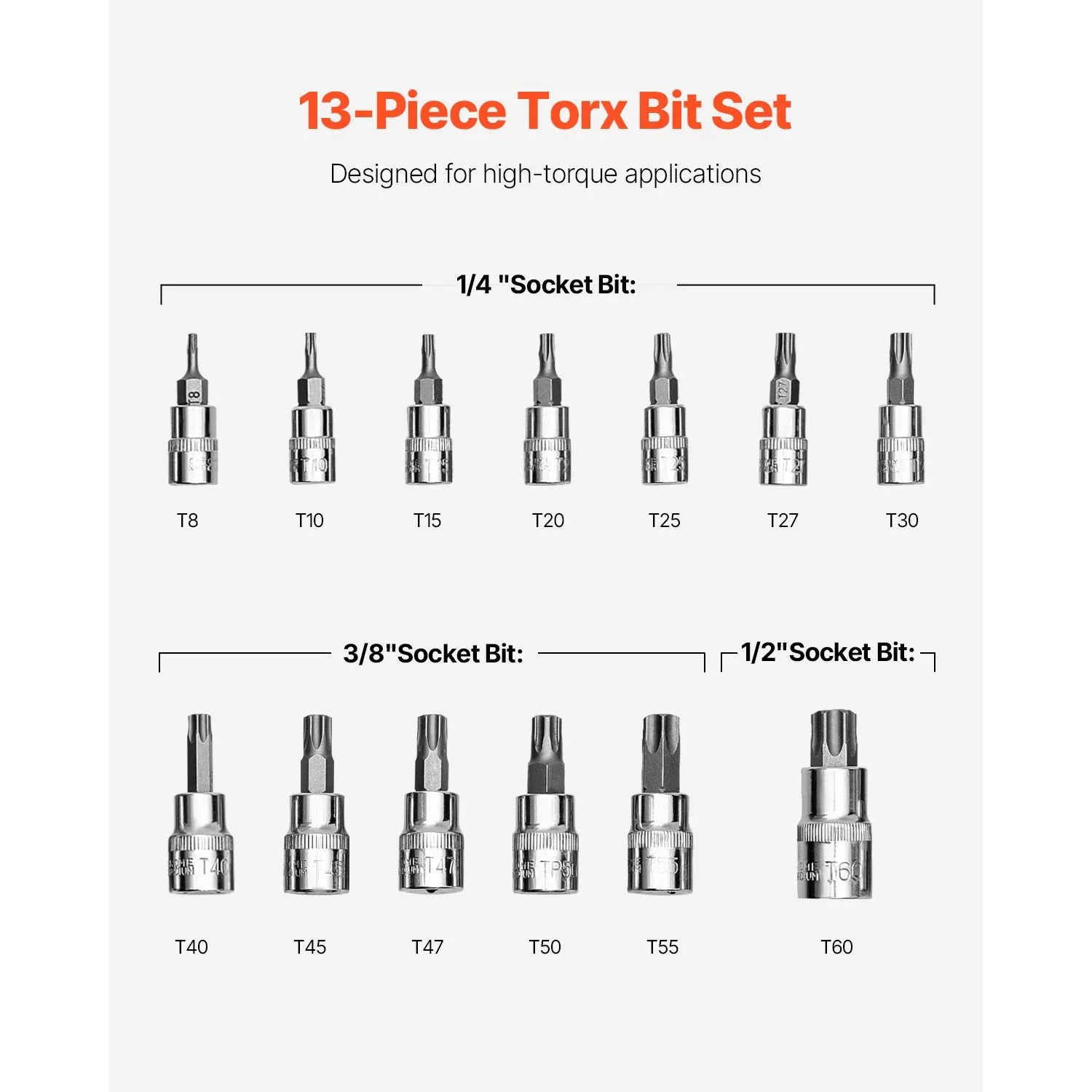Torx Bit Socket Set, 13-Piece Star T8 - T60 Set, S2 Alloy Steel and Cr-V Steel, 1/4 in, 3/8 in, and 1/2 in Drives, with Enhanced Storage Case, Torx Sockets for Hand Use, Mechanics, Auto Repair - Image 3