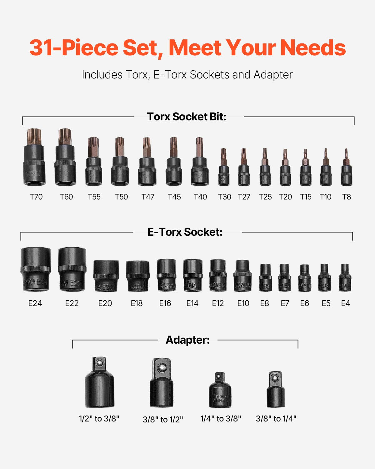Torx Bit Socket and External Torx Socket Set 31-Piece T8-T70 and E4-E24 Steel - Image 3