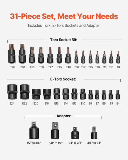 Torx Bit Socket and External Torx Socket Set 31-Piece T8-T70 and E4-E24 Steel - Image 3