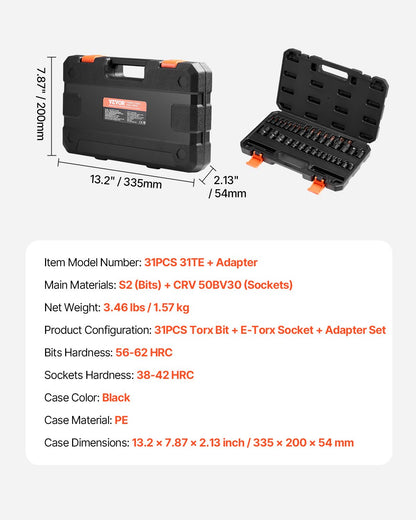 Torx Bit Socket and External Torx Socket Set 31-Piece T8-T70 and E4-E24 Steel - Image 7