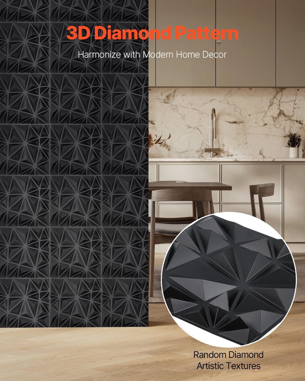 3D Wall Panels, 33-Pack 30 x 30 cm PVC Modern Art Minimalist Diamond Tiles, 2.97 m² Coverage Accent Wall Panel, Interior Home Decor for Ceiling, Bedroom, Living Room, Gaming Room, Matte Black - Image 2