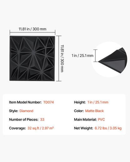 3D Wall Panels, 33-Pack 30 x 30 cm PVC Modern Art Minimalist Diamond Tiles, 2.97 m² Coverage Accent Wall Panel, Interior Home Decor for Ceiling, Bedroom, Living Room, Gaming Room, Matte Black - Image 7
