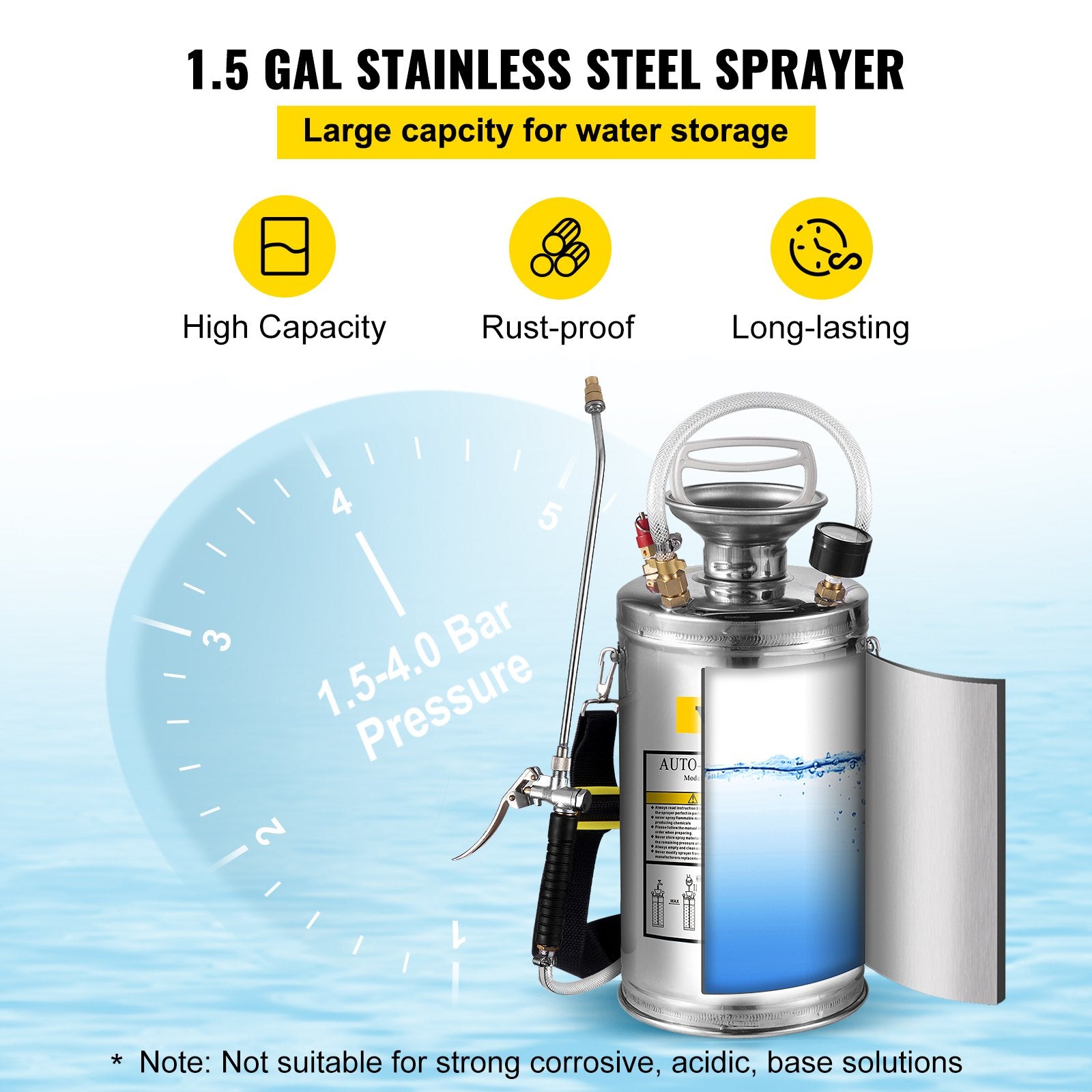 1.5Gal Stainless Steel Sprayer, Set with 16" Wand& Handle& 3.3FT Reinforced Hose, Hand Pump Sprayer with Pressure Gauge&Safety Valve, Adjustable Nozzle Suitable for Gardening& Sanitizing - Image 3