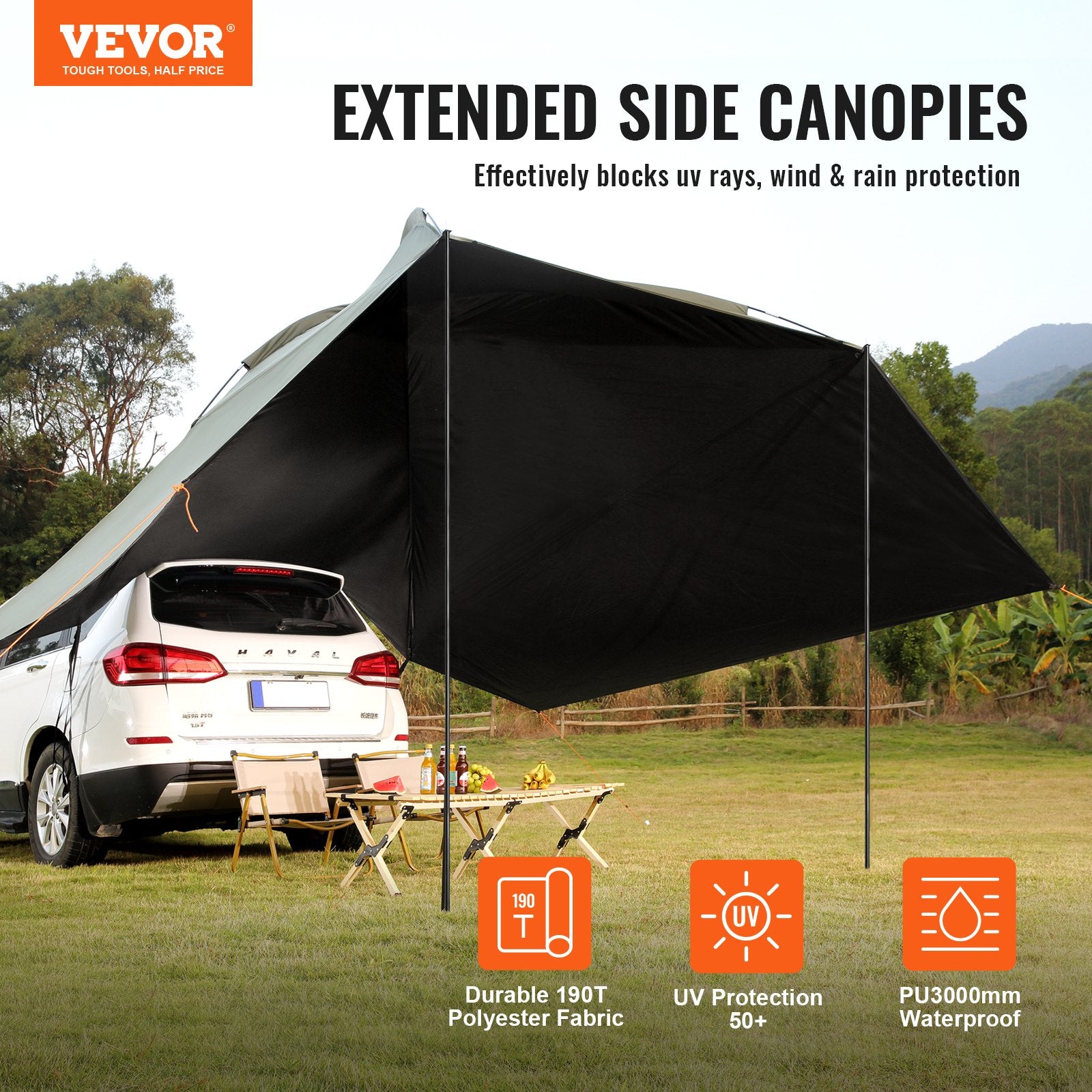 Vehicle Awning, Large 10' x 7' Shade Coverage Car Side Awning, PU2000mm UV50+ Car Awning with Extended Side Canopies and Portable Storage Bag, Suitable for Truck, SUV, Van, Campers - Image 2