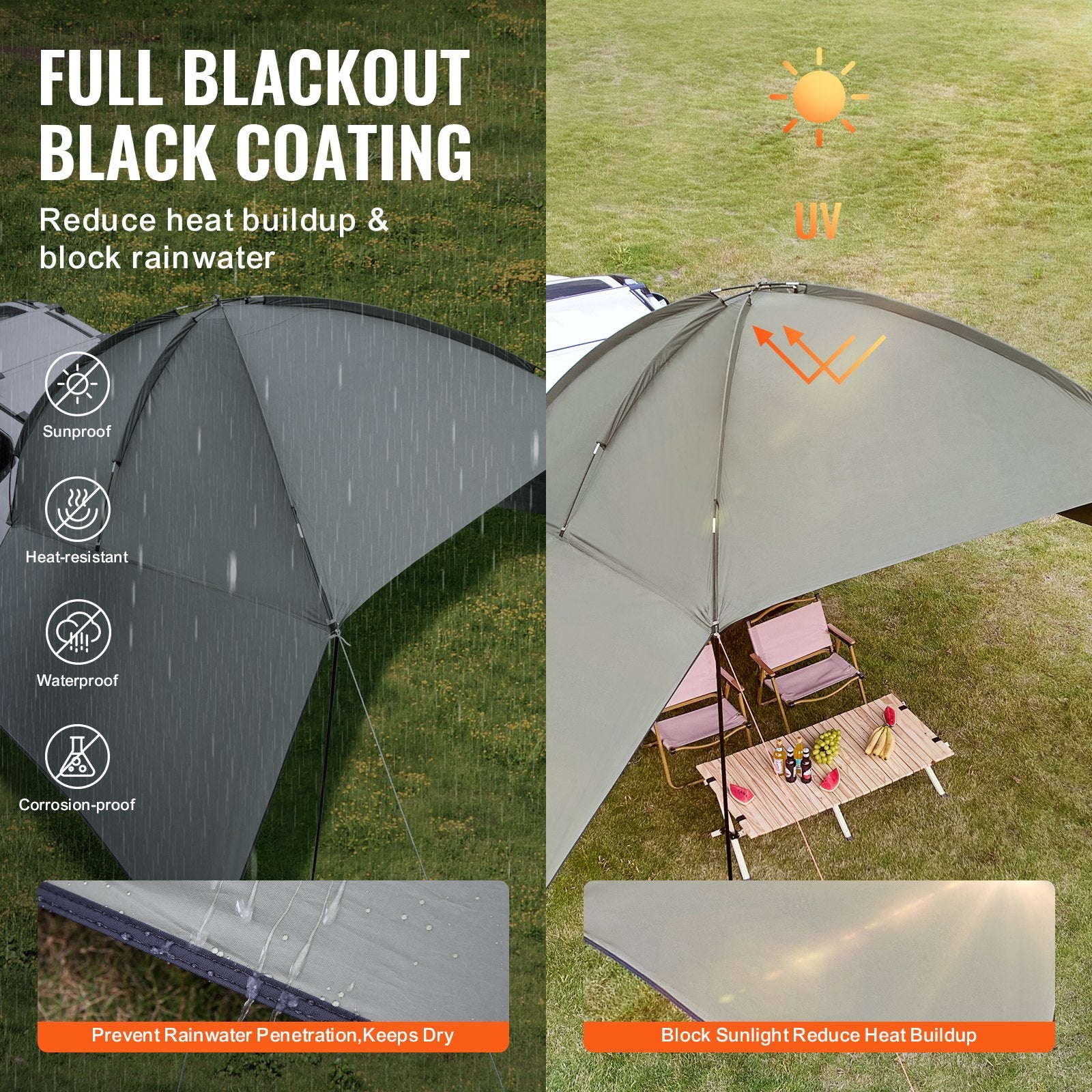Vehicle Awning, Large 10' x 7' Shade Coverage Car Side Awning, PU2000mm UV50+ Car Awning with Extended Side Canopies and Portable Storage Bag, Suitable for Truck, SUV, Van, Campers - Image 4