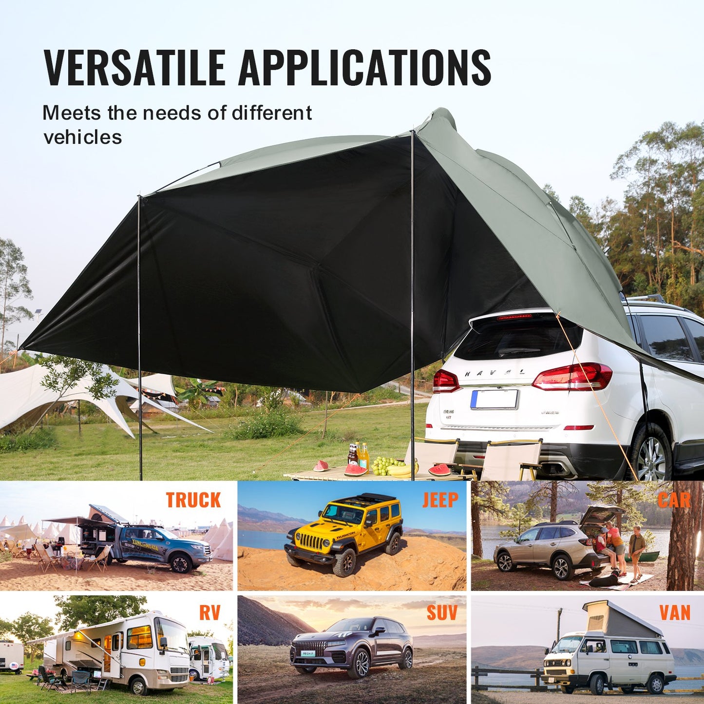 Vehicle Awning, Large 10' x 7' Shade Coverage Car Side Awning, PU2000mm UV50+ Car Awning with Extended Side Canopies and Portable Storage Bag, Suitable for Truck, SUV, Van, Campers - Image 6