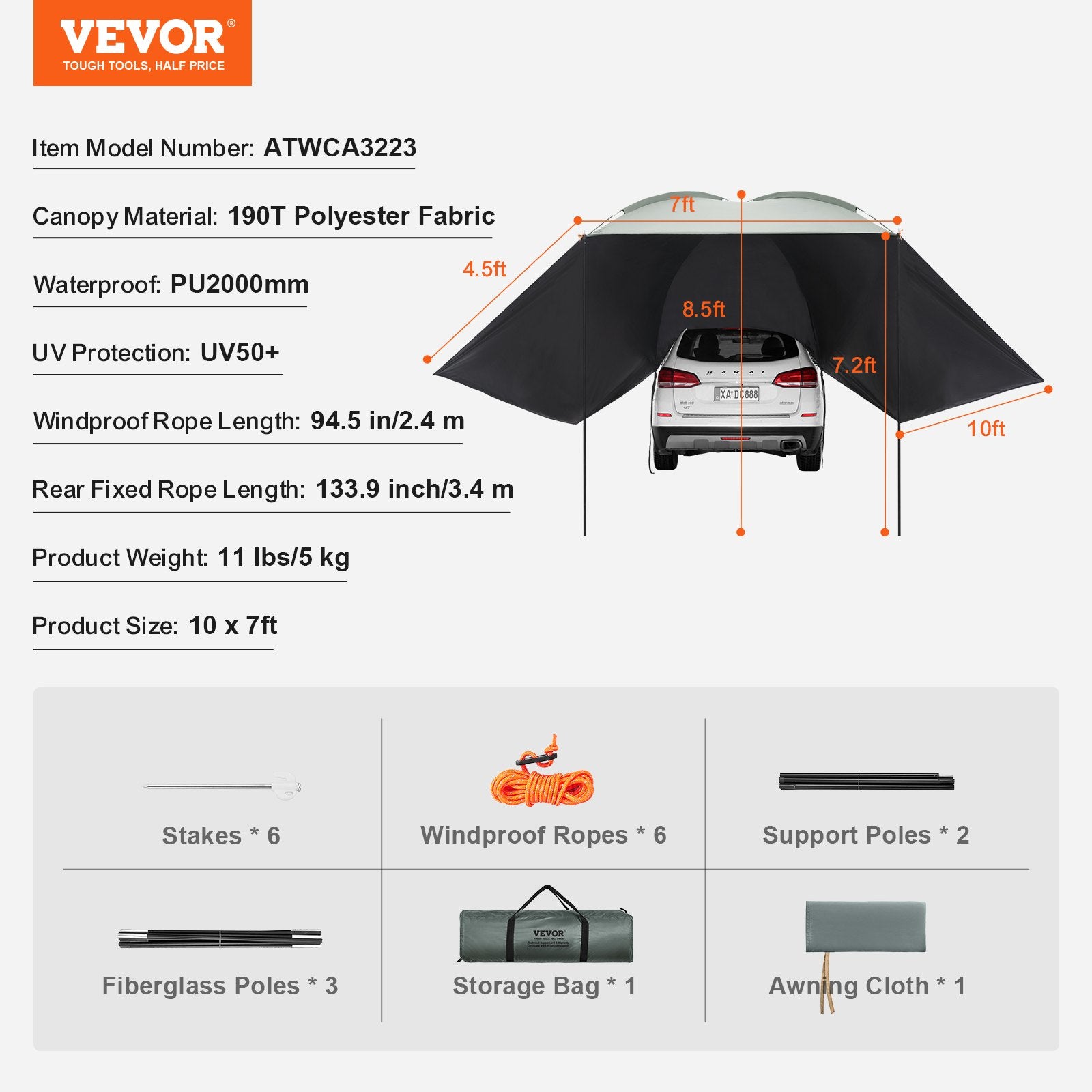 Vehicle Awning, Large 10' x 7' Shade Coverage Car Side Awning, PU2000mm UV50+ Car Awning with Extended Side Canopies and Portable Storage Bag, Suitable for Truck, SUV, Van, Campers - Image 7