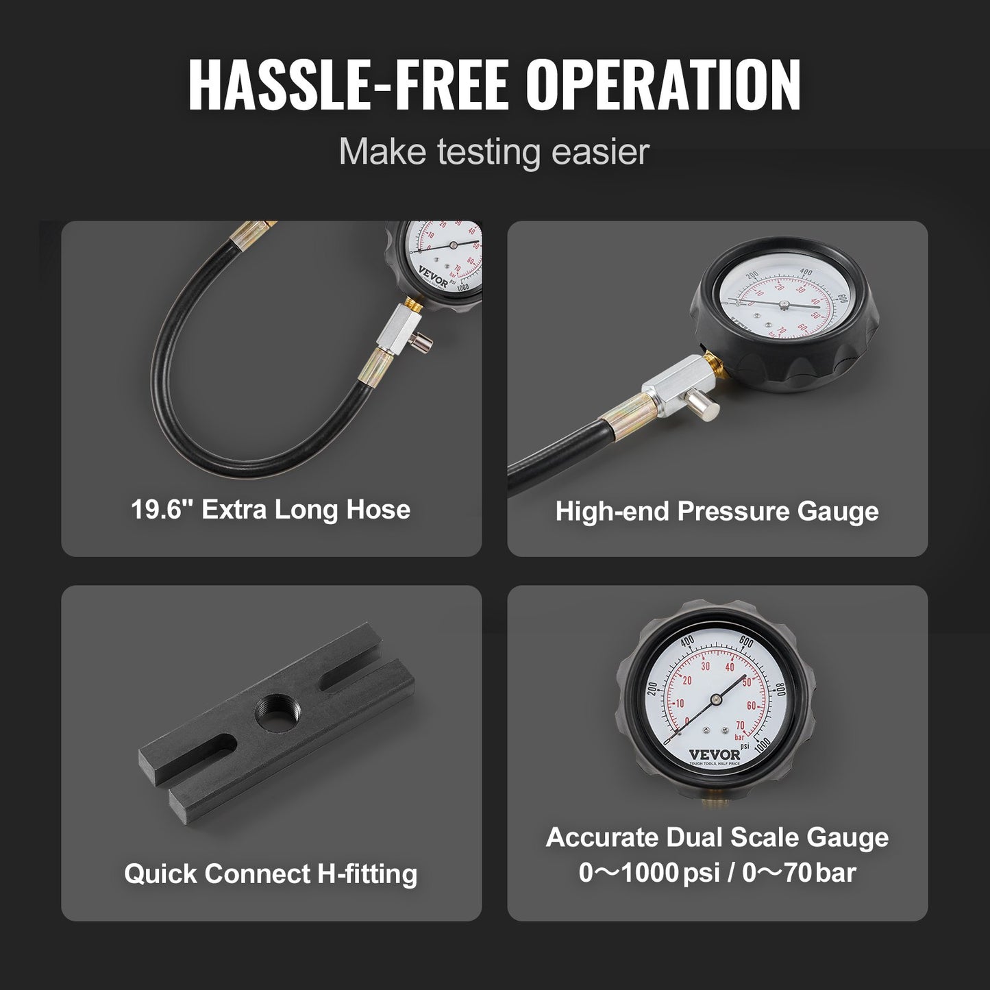 Diesel Engine Compression Tester, 18 pcs Cylinder Pressure Test Tool Kit, with 0-1000 psi Gauge and Adapters, Diesel Injector Tester Check Cylinders in Diesel Trucks, Tractors, Equipment - Image 4