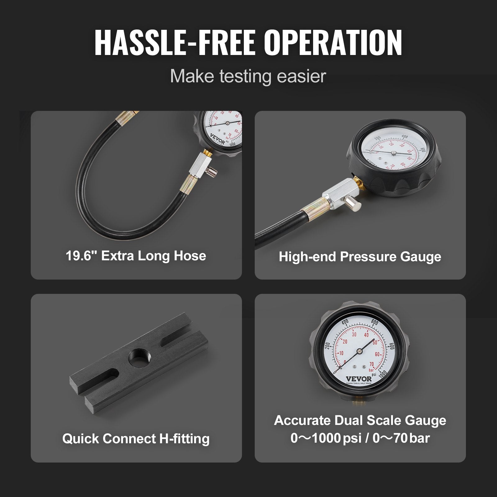 Diesel Engine Compression Tester, 18 pcs Cylinder Pressure Test Tool Kit, with 0-1000 psi Gauge and Adapters, Diesel Injector Tester Check Cylinders in Diesel Trucks, Tractors, Equipment - Image 4