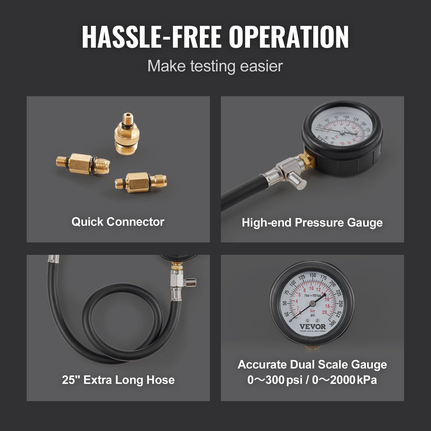 Compression Tester Adapter Kit, 9 Pcs Automotive Engine Cylinder Leak Down Compression Test, Accurate Dual Scale Pressure Gauge 0-300 psi, with Long Reach Hoses and Case for Engine Cylinders - Image 4