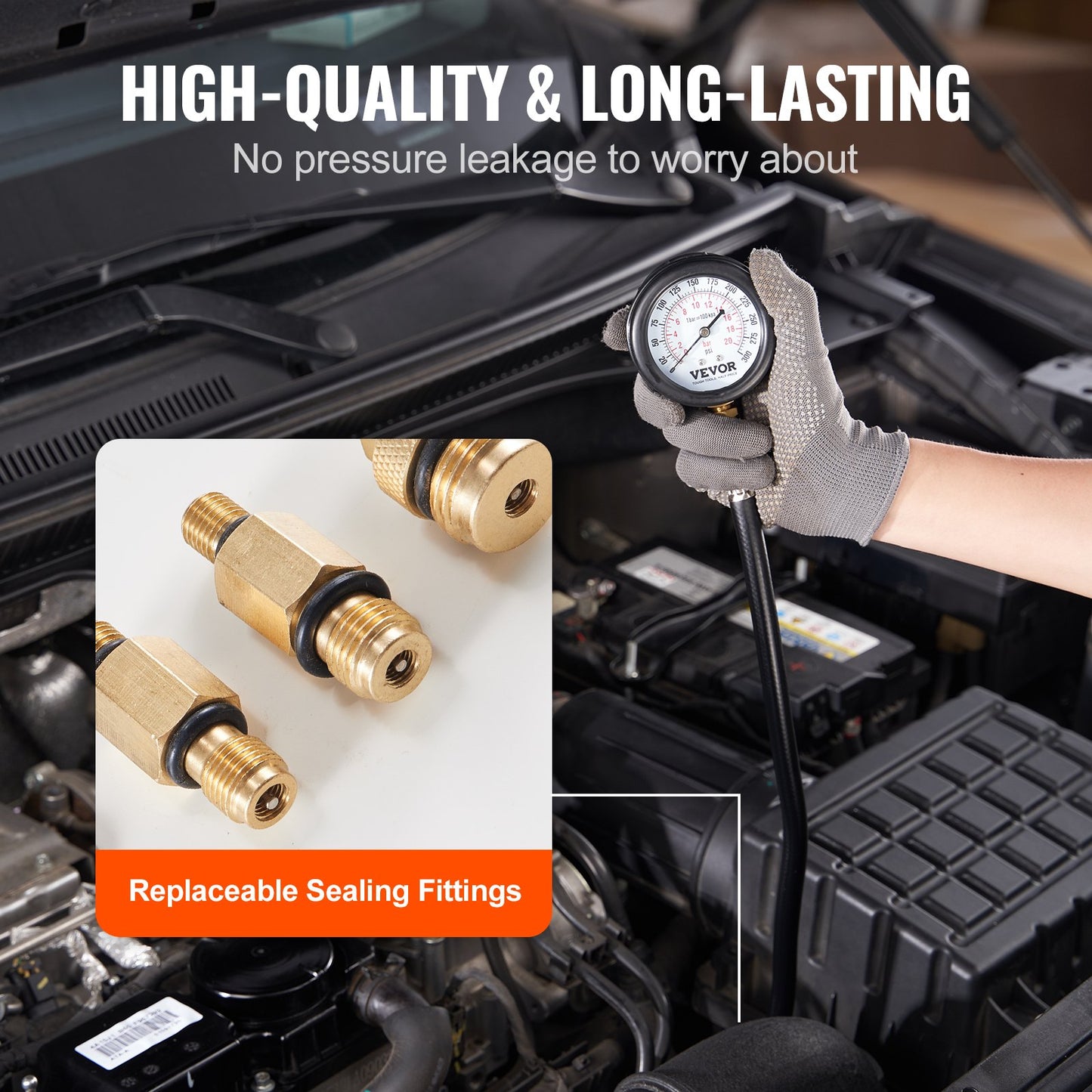 Compression Tester Adapter Kit, 9 Pcs Automotive Engine Cylinder Leak Down Compression Test, Accurate Dual Scale Pressure Gauge 0-300 psi, with Long Reach Hoses and Case for Engine Cylinders - Image 5