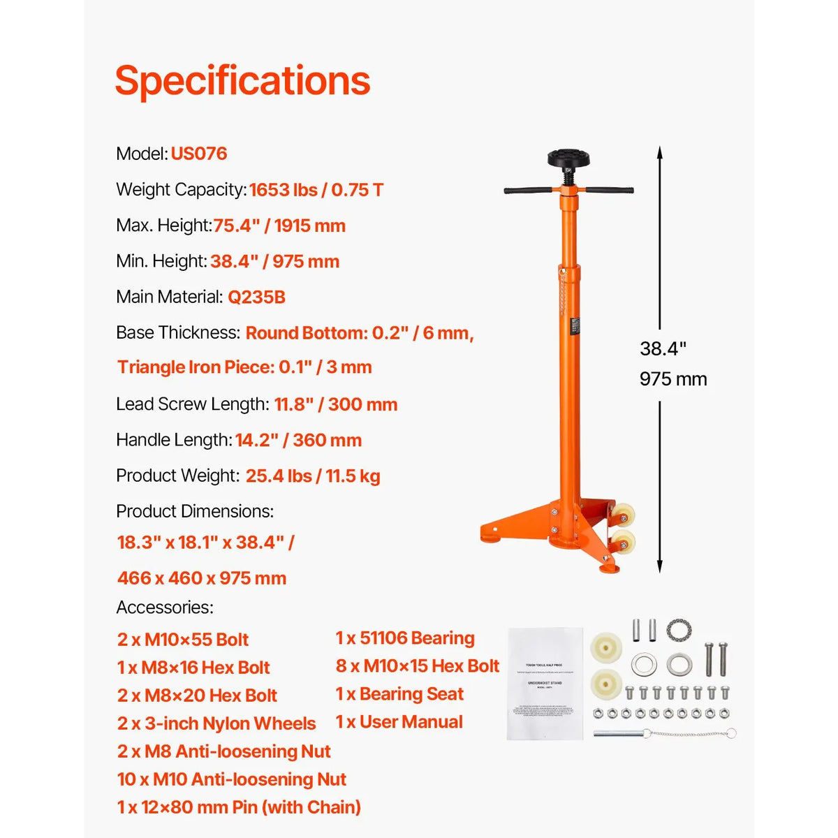 Underhoist Support Stand, 3/4 Ton Capacity Under Hoist Jack Stand, Lifting from 38.4 to 75.4 in, Bearing Mounted Spin Handle, Self-Locking Threaded Screw, Two Wheels, Support Vehicle Components - Image 7