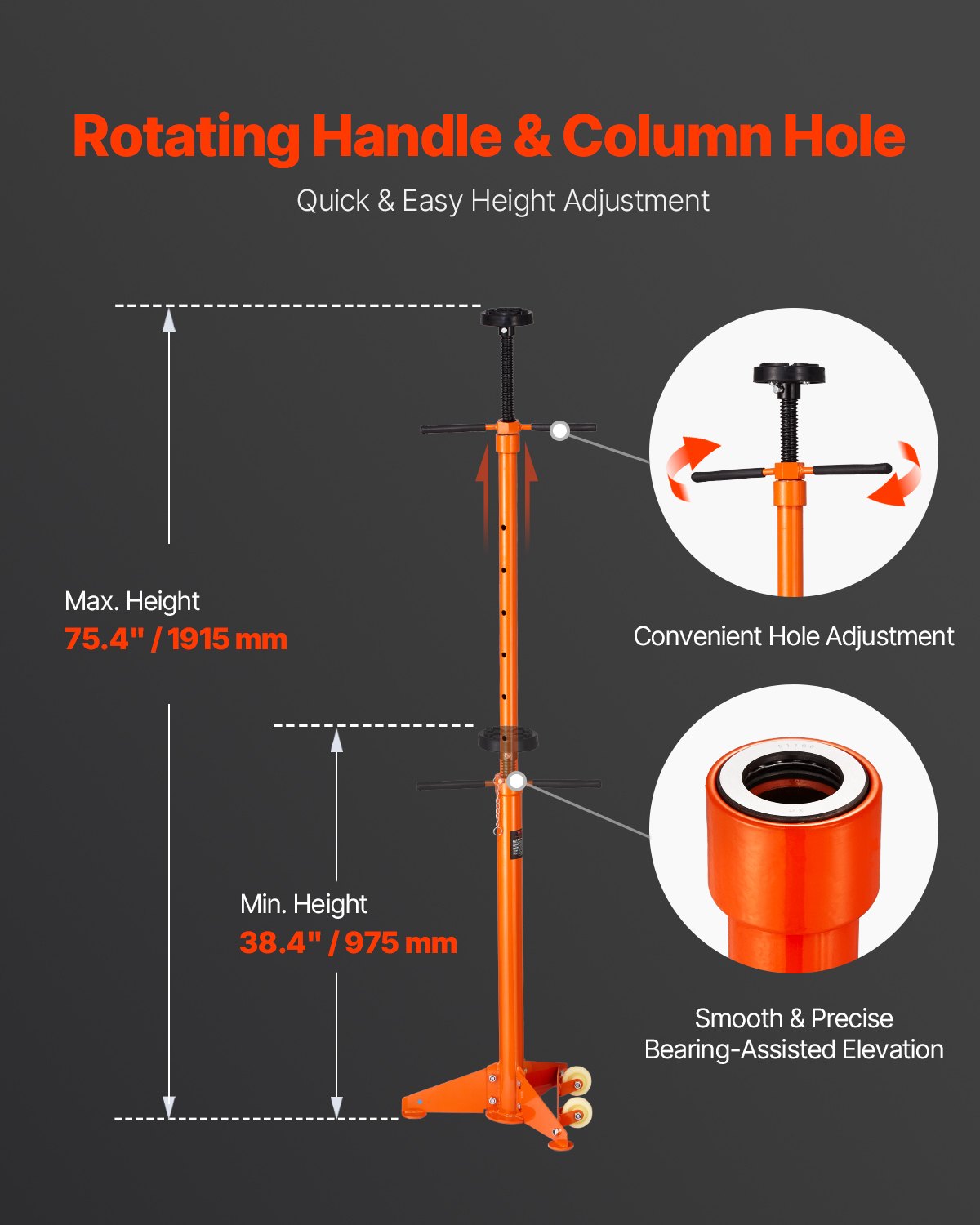 Underhoist Support Stand, 3/4 Ton Capacity Under Hoist Jack Stand, Lifting from 38.4 to 75.4 in, Bearing Mounted Spin Handle, Self-Locking Threaded Screw, Two Wheels, Support Vehicle Components - Image 3