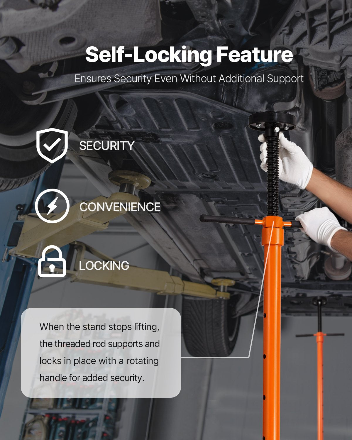 Underhoist Support Stand, 3/4 Ton Capacity Under Hoist Jack Stand, Lifting from 38.4 to 75.4 in, Bearing Mounted Spin Handle, Self-Locking Threaded Screw, Two Wheels, Support Vehicle Components - Image 5