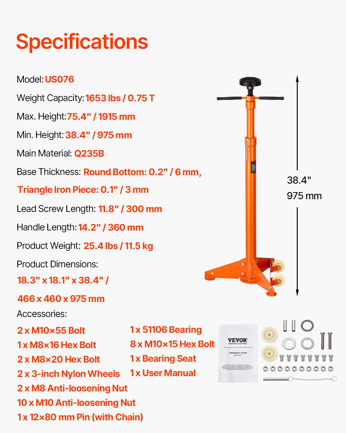 Underhoist Support Stand, 3/4 Ton Capacity Under Hoist Jack Stand, Lifting from 38.4 to 75.4 in, Bearing Mounted Spin Handle, Self-Locking Threaded Screw, Two Wheels, Support Vehicle Components - Image 7
