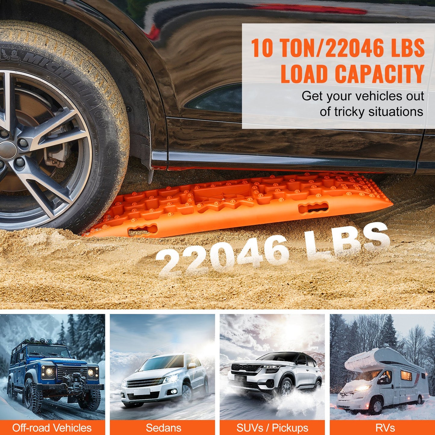 10 TON Traction Boards with PP Material, Recovery Boards for Off-road Vehicles/Cars/Pickups/SUVs/RVs, Pair Tire Traction Mats on Snow, Sand, Mud and Loose Terrain, Storage Bag, Long, Orange - Image 3
