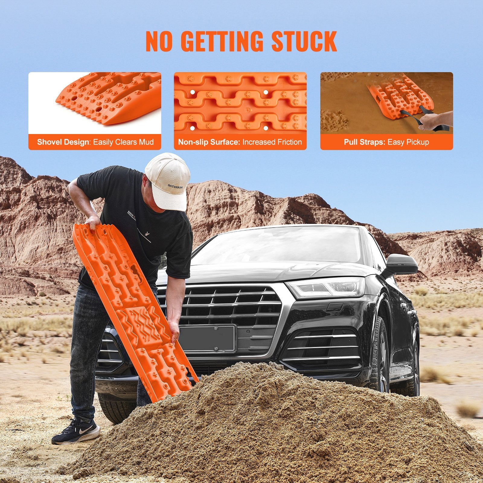 10 TON Traction Boards with PP Material, Recovery Boards for Off-road Vehicles/Cars/Pickups/SUVs/RVs, Pair Tire Traction Mats on Snow, Sand, Mud and Loose Terrain, Storage Bag, Long, Orange - Image 5