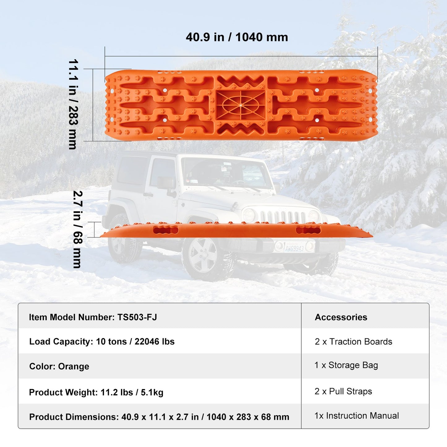 10 TON Traction Boards with PP Material, Recovery Boards for Off-road Vehicles/Cars/Pickups/SUVs/RVs, Pair Tire Traction Mats on Snow, Sand, Mud and Loose Terrain, Storage Bag, Long, Orange - Image 7