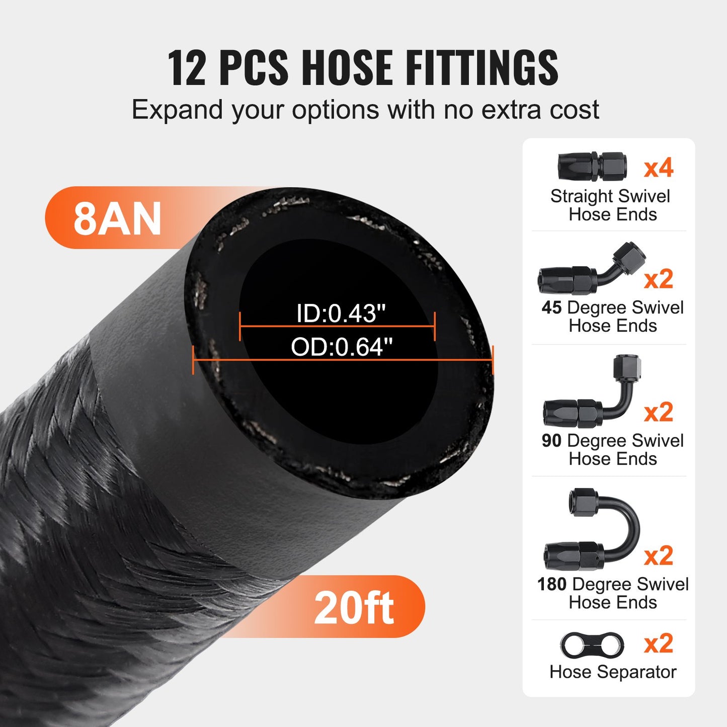 8AN Fuel Line Kit, 6.1 m Fuel Hose Kit, 1.0 cm Nylon Stainless Steel Braided Fuel Line Oil/Gas/Diesel Hose End Fitting Kit, with 12 PCS Swivel Fitting Adapter Kit, Black - Image 5