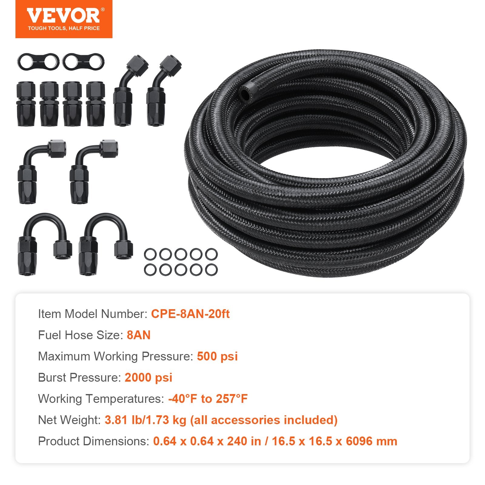 8AN Fuel Line Kit, 6.1 m Fuel Hose Kit, 1.0 cm Nylon Stainless Steel Braided Fuel Line Oil/Gas/Diesel Hose End Fitting Kit, with 12 PCS Swivel Fitting Adapter Kit, Black - Image 7