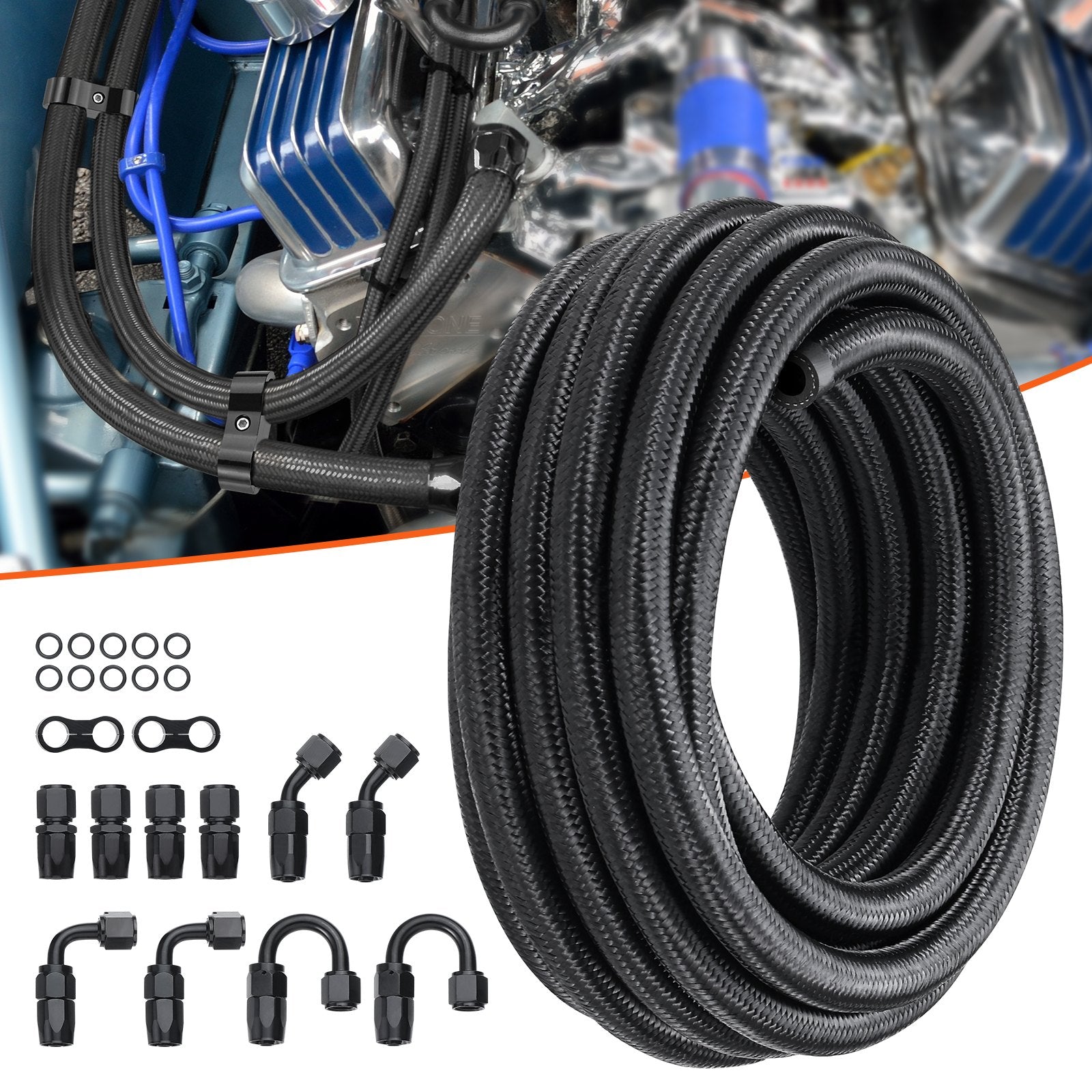 8AN Fuel Line Kit, 6.1 m Fuel Hose Kit, 1.0 cm Nylon Stainless Steel Braided Fuel Line Oil/Gas/Diesel Hose End Fitting Kit, with 12 PCS Swivel Fitting Adapter Kit, Black - Image 8