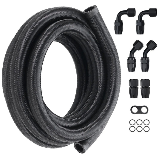 10AN Fuel Line Kit, 3.05 m Fuel Hose Kit, 1.4 cm Nylon Stainless Steel Braided Fuel Line Oil/Gas/Diesel Hose End Fitting Kit, with 7 PCS Swivel Fitting Adapter Kit, Black