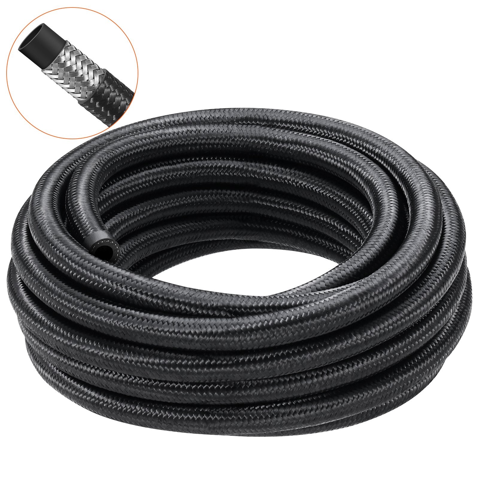 6AN Fuel Line Kit, 6.1 m Fuel Hose Kit, 0.86 cm Nylon Stainless Steel Braided Fuel Line Oil/Gas/Diesel Hose End Fitting Kit, with 12 PCS Swivel Fitting Adapter Kit, Black